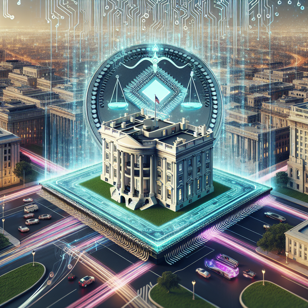 An abstract representation of artificial intelligence regulation. Depict a grand, classical-style building symbolizing the White House, located at the heart of a bustling cityscape displaying advanced technology such as autonomous vehicles and drones. Superimposed on this scene, show a futuristic computer chip intertwined with traditional legal scales, representing the balance of technology and regulation. Can be daytime or nighttime, but ensure the city is bustling and vibrant regardless. The image should captivate and intrigue, hinting at the complex interplay between innovation and policy-making.