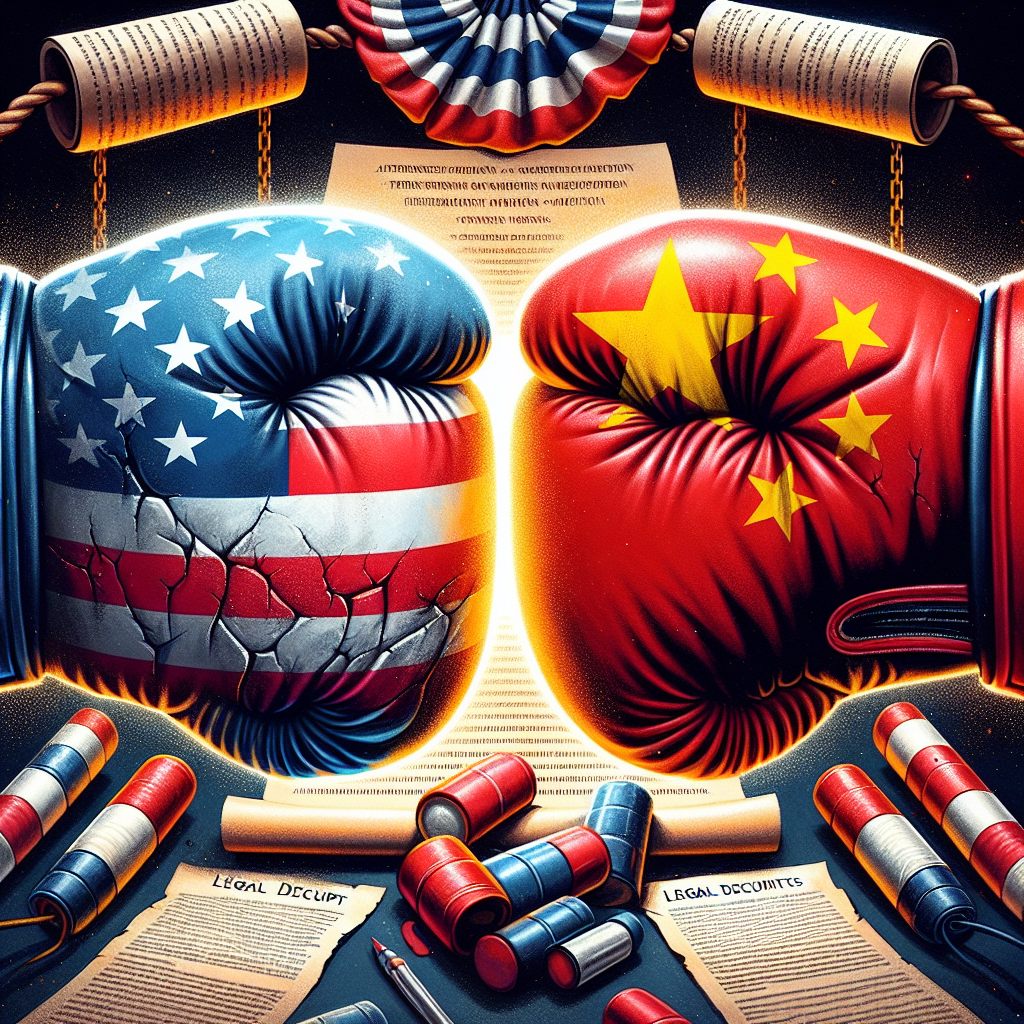 Illustrate a conceptual image to visualize the situation. The foreground should present a couple of worn-out boxing gloves going toe-to-toe, one glove wrapped in the red, white, and blue of the US flag, and the other in the red and yellow of the Chinese flag. Each glove’s indications of wear and tear could symbolize the ongoing technology struggles between their respective nations. The background should be a partially unfurled scroll, symbolizing legal documents, with a large, glowing symbol of TikTok in the center, indicating the core of the debate. Avoid depictions of specific people.
