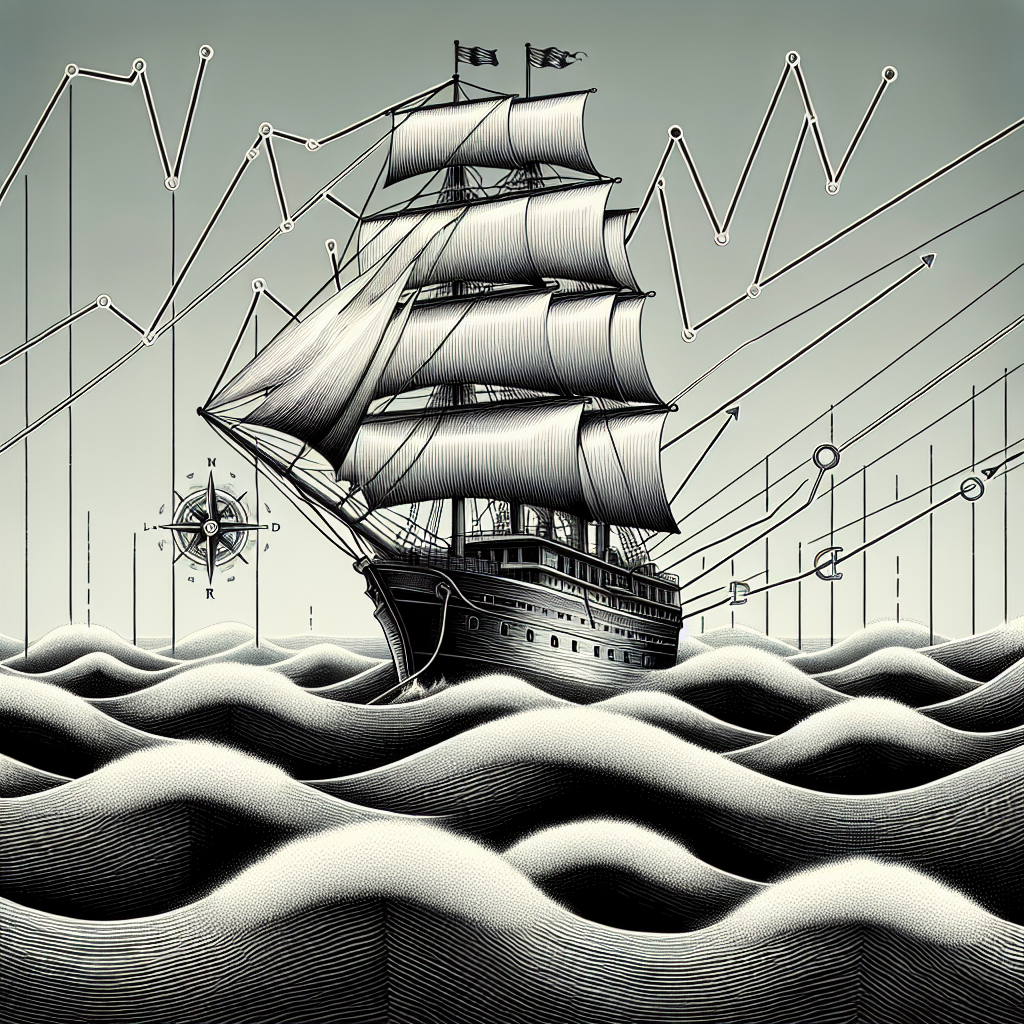 Imagine a themed, metaphorical illustration for an article titled 'Gas Price Surge: Top Strategies to Navigate US Energy Policy Shifts'. Illustrate a large ship, representing the US, navigating rough seas, symbolizing energy shifts. Overlay fluctuating lines signifying gas price increases. Also, visualize key strategies as navigational equipment on the ship such as a compass for wise decision-making, a map for proactive planning and a lifebuoy for emergency preparedness. Design the ship to appear resilient despite the turbulence. Let's maintain a monochromatic scheme in the traditional medium with a hint of realism unique to the late 1800s-early 1900s artistic era.