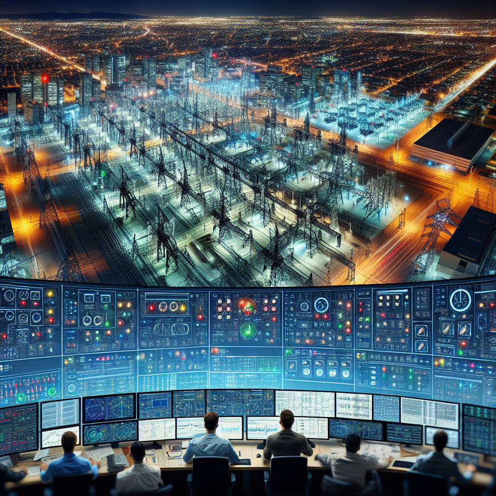 Imagine an intricate bird's eye view of an extensive power grid network comprised of numerous power lines, transformers, and substations. The city it supplies is thriving with lights scattering across the landscape at night. However, a portion of the grid is flickering, illustrating a potential failure point. Nearby, there's a team of dedicated engineers, of diversified descents and genders, working on a high-tech control panel, strategizing preventive measures against an imminent nation-wide blackout. They are examining charts, graphs, and data on multiple screens, exuding a sense of urgency and commitment to their critical task.