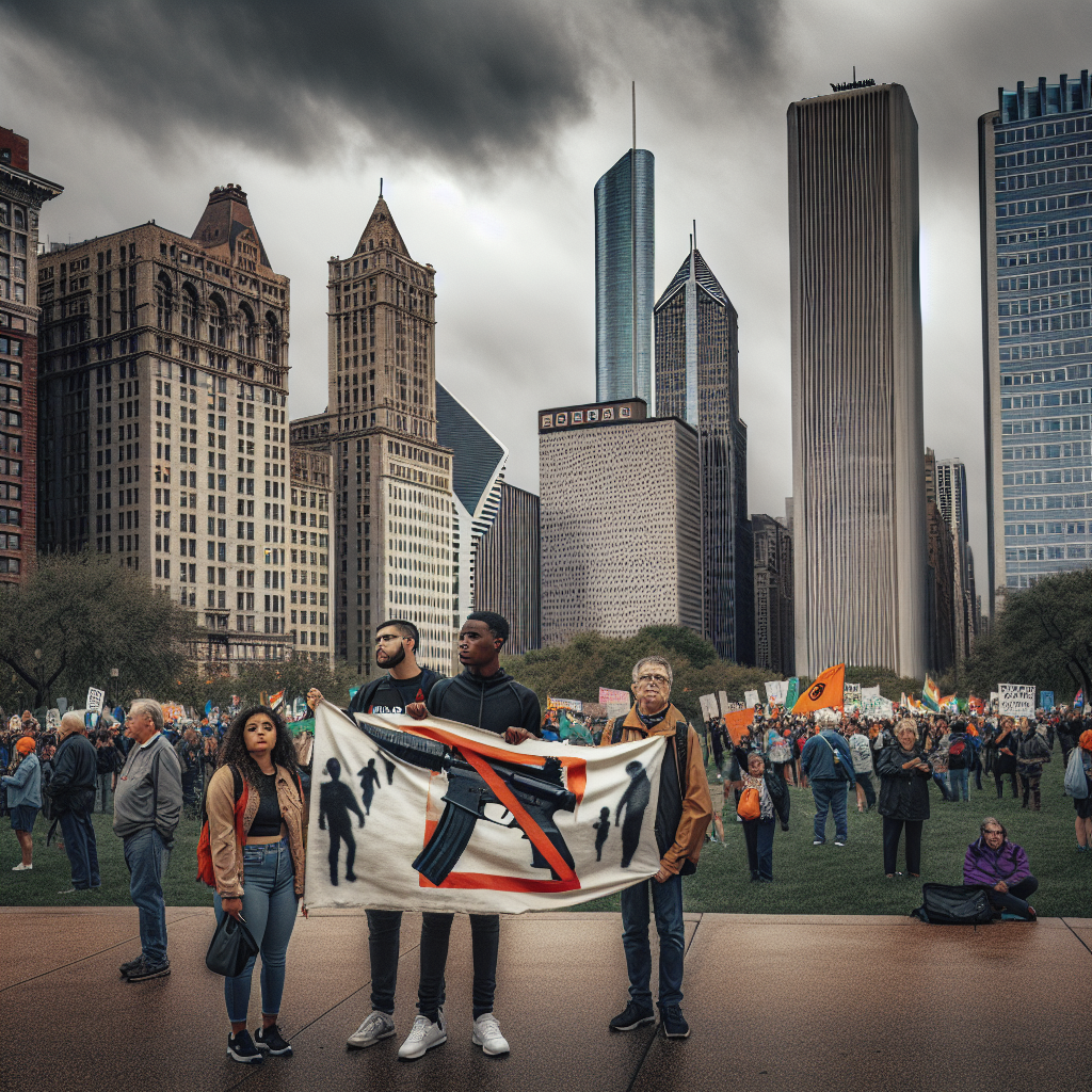An overcast sky looms above a bustling cityscape with tall buildings, each with a number of windows reflecting the gray sky. In a busy park on the city's edge, three individuals of distinct descents - a Hispanic woman, a Black man, and a Caucasian man - engage in a peaceful protest for gun control. They hold a large banner, its vivid colours standing out against the buildings and the gray skies. The banner depicts an image of a gun with a red 'no' symbol over it, and is inscribed with the words 'Effective Strategies to Combat Gun Violence'. Around them, passersby of various ages and descents, men and women, express different reactions, some supportive, others detached or disagreeing.