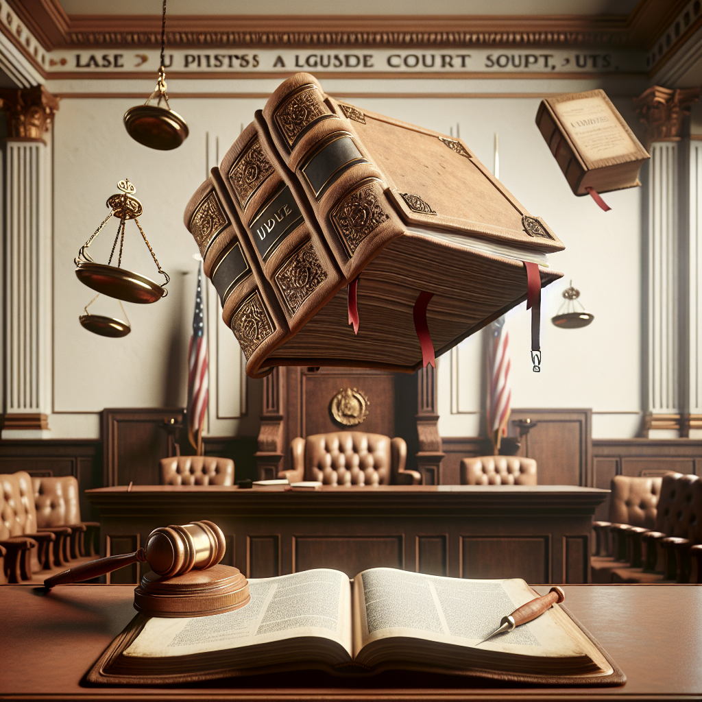 A conceptual representation of a high-profile court verdict in the US. The scene unfolds in a classic courtroom with mahogany wooden benches, cream-color walls and a large, imposing, intricately carved judge's bench. Directly in the center is a worn leather-bound book symbolizing the law, with gold gilded edges opened to an anonymous page. Behind it rests a mallet, indicative of the finality of the verdict. Levitating above these items are important court scripts tied with a red ribbon, capturing the idea of 'updates'. Use muted, realistic tones. Note that there are no specific people in this image, merely symbolic elements.