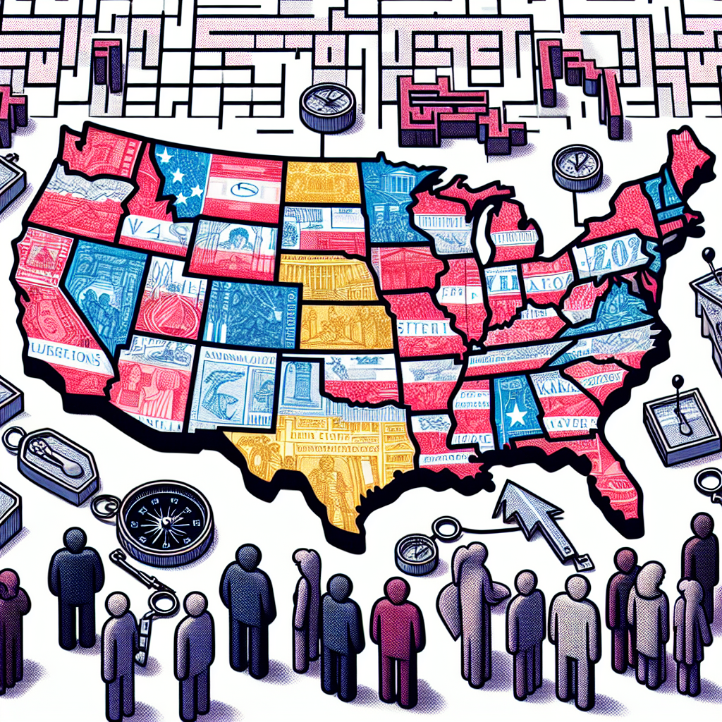A detailed blueprint of the United States with each state drawn in different shades of colors, indicating the disparity in voting laws. This blueprint is overlaid on a complex maze, symbolizing the challenges in navigating these different voting laws. Key areas of the maze are marked with symbolic representations of navigation tools like a compass and signposts, symbolizing the effortless ways to navigate the post-election landscape. Surrounding the maze there are figures of different races and genders, symbolizing the diverse American population, who are keenly studying the blueprint-maze, representing their struggle and effort to comprehend the changes.