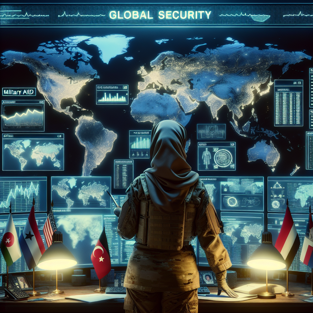 A symbolic representation of global security, depicted as a modern warroom with maps of the world annotated with critical data. In the center, stands a middle-eastern woman in a military uniform, studying the map attentively. She is surrounded by monitors displaying statistical information related to military aid. A table with various country flags indicating diverse partnership is also visible. The atmosphere is tense yet focused, illuminating the importance of US military aid decisions in maintaining global security.
