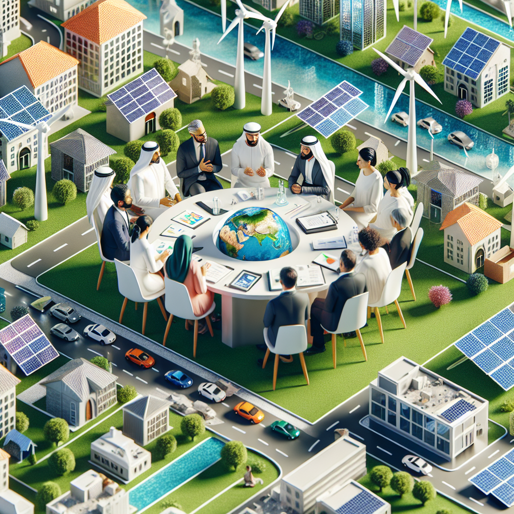 Visualize an eco-friendly cityscape with a diverse range of clean energy sources. Include solar panels on rooftops, wind turbines spinning gently in the distance, and electric cars moving along the roads. Place in the middle ground a group of people of different genders and descents, showing Middle-Eastern women, Caucasian and South Asian men interacting and discussing their strategies for climate change legislation. They sit around a table with documents, charts, and a model city, illustrating their sustainable vision. The atmosphere radiates optimism for a green future, symbolizing the potential of clean energy investments.