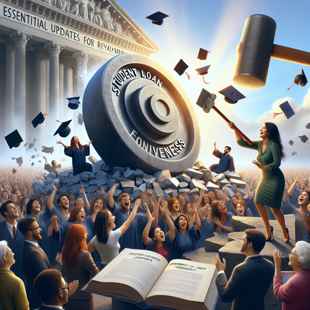 Imagine an enlightening and informative scene encapsulating the topic of student loan forgiveness. At the center of this tableau is a diverse group of people, displaying variation in age, gender, and origin, symbolizing students. They are joyously tossing their graduation caps in the air. In the foreground, there is a massive weight labeled 'Loans' being shattered by a powerful sledgehammer, signifying the relief that comes with loan forgiveness. Amidst this scene, there's a savvy woman, of South Asian descent, who is holding open a book, pointed towards the viewer titled 'Essential Updates for Repayment'. The entire scene is bathed in the warm light of a new day, symbolizing hope and fresh beginnings.
