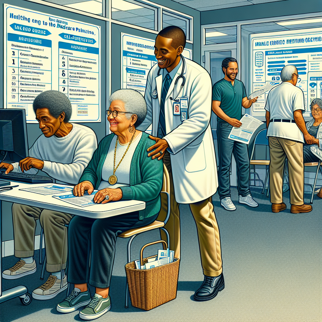A detailed scene at a public healthcare facility where a diverse group of individuals are using self-service stations to make changes to their Medicare plans. Neatly populated posters dot the walls with clear cut instructions and guidelines. A Caucasian male healthcare provider helps an elderly Black woman navigate the computer, smiling and fostering an atmosphere of patience and understanding. Meanwhile, a South Asian man navigates the system alone with ease, displaying a relaxed demeanor. In the background, a Hispanic woman is seen exiting the facility with a visage of contentment, clutching documents pertaining to her updated healthcare plan.