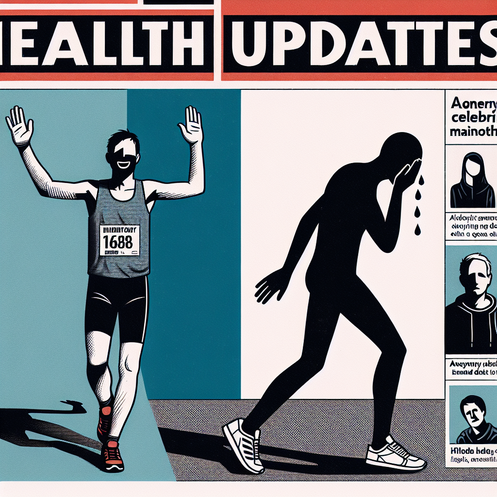 Create an illustrative image of a generic celebrity figure achieving a health milestone. The figure could be seen running a marathon, eating a balanced diet, or attending a yoga class. Another half of the image should portray an anonymous character wearing dark clothing, shedding a single tear, symbolizing the concept of mourning. Employ a newspaper-style design, with a bold headline at the top: 'Health Updates'. Do not include any elements that reveal a specific celebrity's identity.