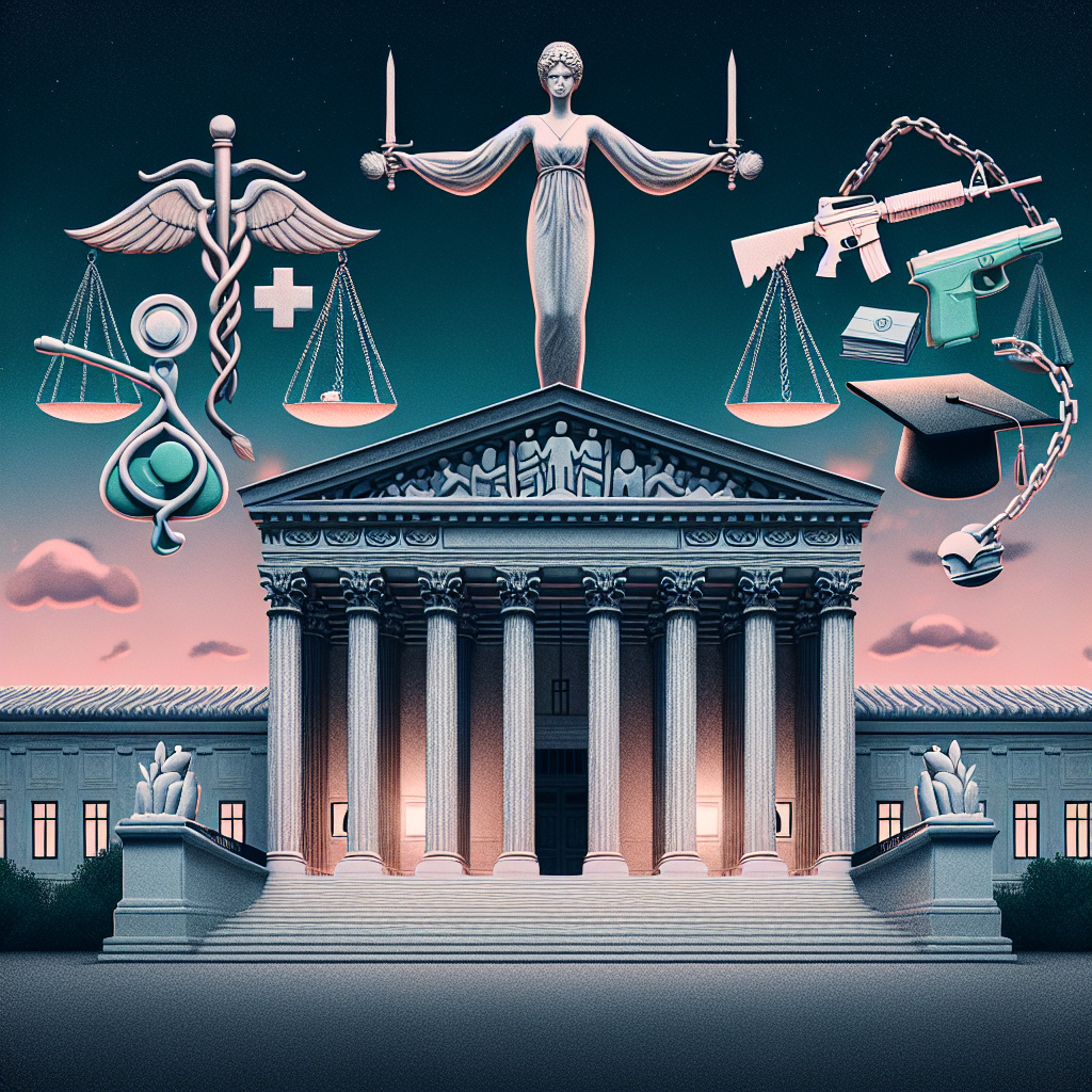 A balanced illustration representing the major themes of Supreme Court rulings. A large, stone edifice with classical architecture should sit at the center, symbolizing the Supreme Court. Surrounding it, there should be three motifs: a medical symbol representing the topic of abortion, a pair of scales for justice juxtaposed with a firearm for gun laws, and a stack of books with a graduation hat on top intertwined with a chain, signifying student loans. The evening sky in the background indicates the heavy decision-making nature of the subjects.