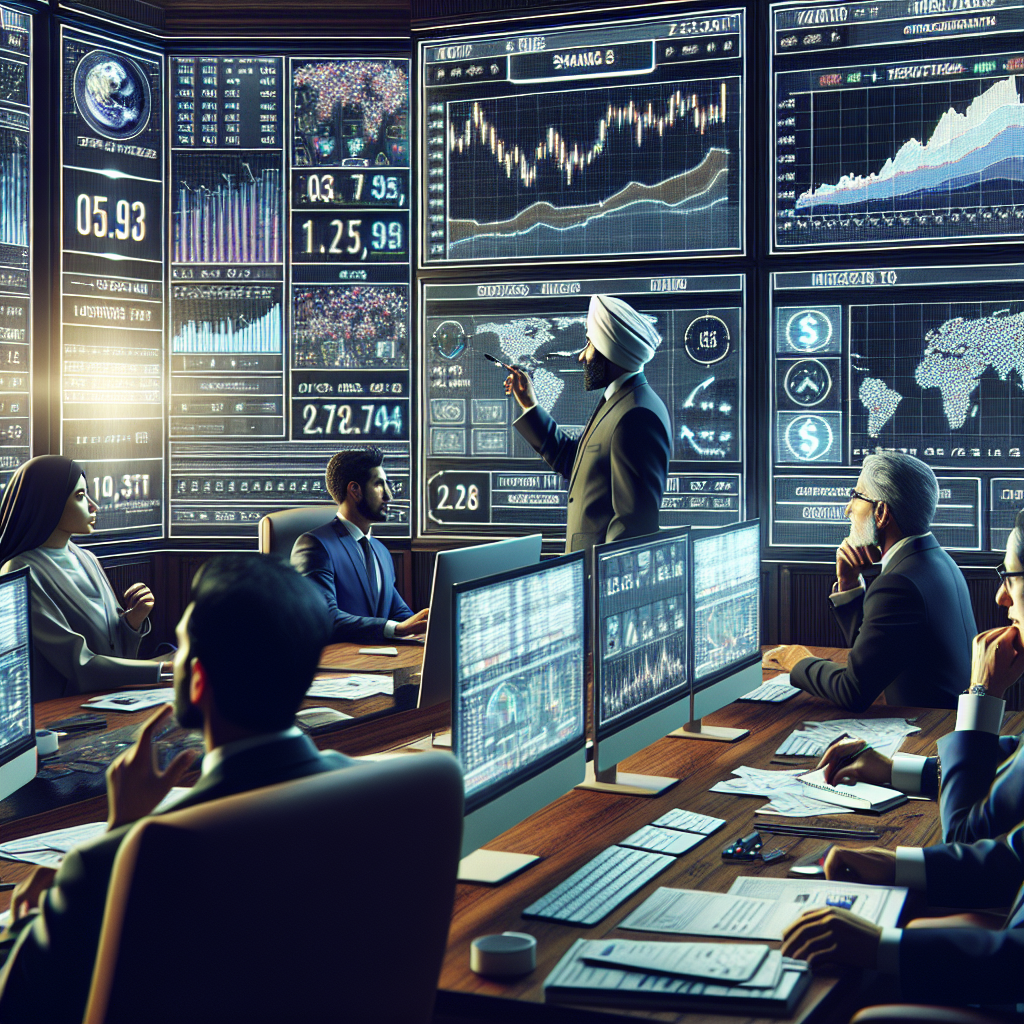 A detailed scene inside a high-tech financial command center. Various screens display real-time trading information, interest rate figures, and inflation trends. In the room, a group of professionals are having intense discussions. A Middle-Eastern man in his late 40s, dressed in a fine suit, is highlighting points on a whiteboard which is filled with financial projections and strategies. A Hispanic woman, in her early 30s and dressed casually, is intently studying data on her computer screen. A South Asian man in his early 60s, dressed in corporate attire, is seen taking notes while looking at the projected figures on a large screen. The atmosphere in the room reflects the decision-making process shaping economic fate.