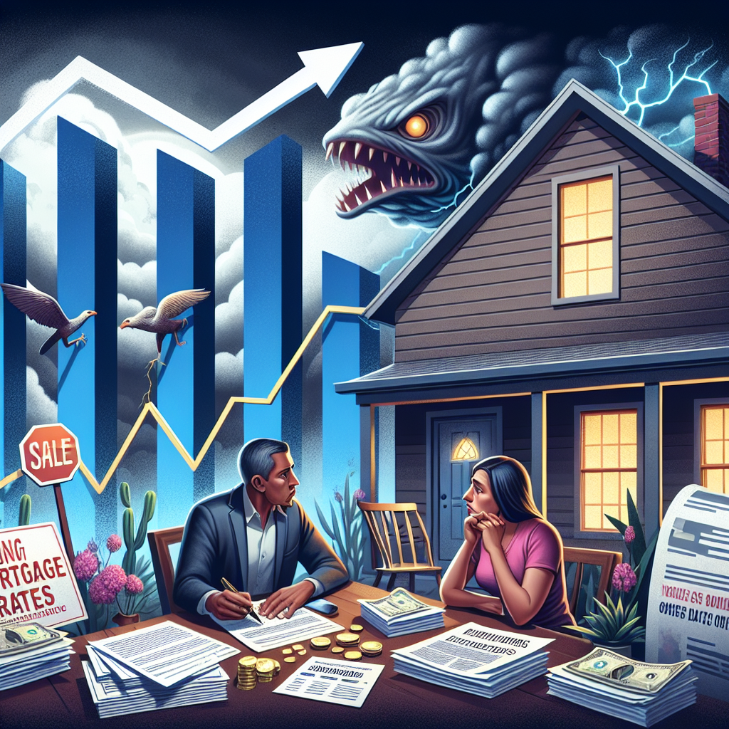 Visualize a scene that represents the US housing market crisis. The key elements should include: a graph showing rising mortgage rates, a house with a for-sale sign in the foreground, and a worried Hispanic couple discussing finances at a table strewn with stacks of bills and housing documents. In the background, incorporate imagery symbolizing uncertainty such as storm clouds or a dimly lit path. The style should echo a realistic, news illustration.