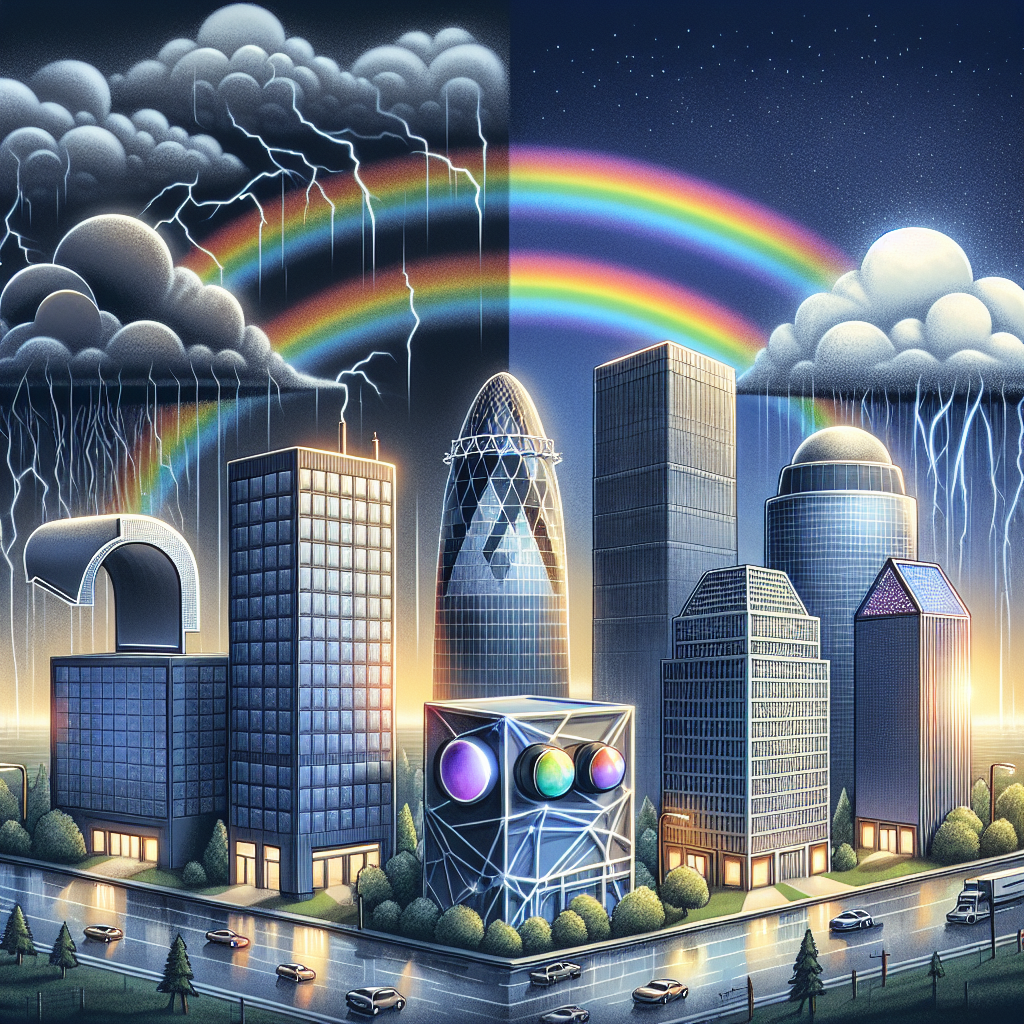 Represent the concept of tech giants being affected by layoffs and then rebounding. Focus on four illustrated, non-copyrighted and generic buildings, emblematic of large tech companies, in a city landscape. The first building is shaped like an oversized pair of glasses, hinting at search or access to information like an open book. The second building resembles a large cardboard box, symbolizing an extensive and vast marketplace. The third has a futuristic, inter-connected design, indicating a social network. The fourth, in the shape of an electric car, epitomizes innovation in sustainability. Show dark storm clouds symbolizing layoffs initially loom over these buildings, but a vibrant rainbow arcs over them, signifying the rebound.