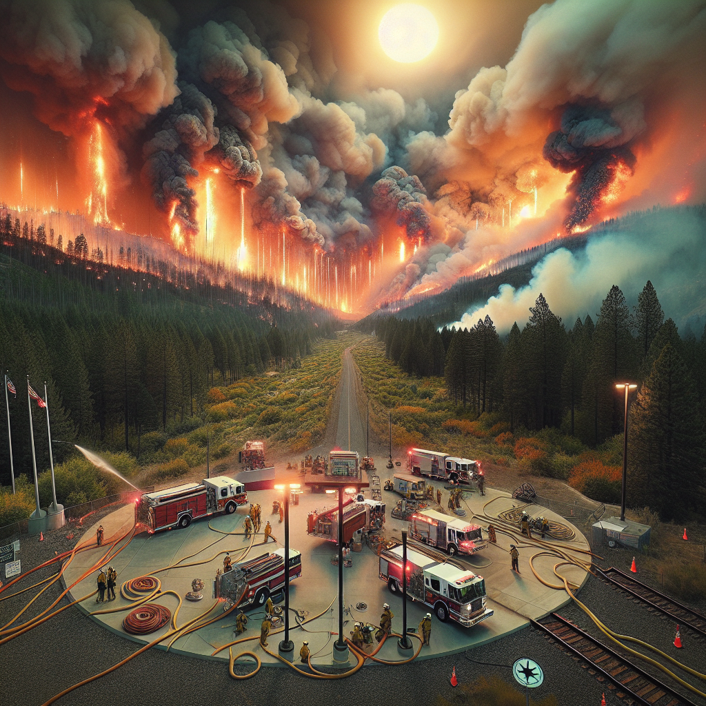 A panoramic view capturing the intensity of a wildfire spreading across a forest. Flames soaring high, devouring the dense greenery, turning it to a fierce orange and red. In the foreground, an assortment of fire-fighting equipment like hoses, fire trucks with flashing lights, and firefighters attempting to control the blaze. The sky is filled with a thick, dark smoke, obscuring the late afternoon sun. On the left, a weather vane points towards a sign indicating rising temperatures. A news ticker at the bottom of the image reads: 'Wildfire Emergency: Unprecedented Heatwaves Ravaging US.'