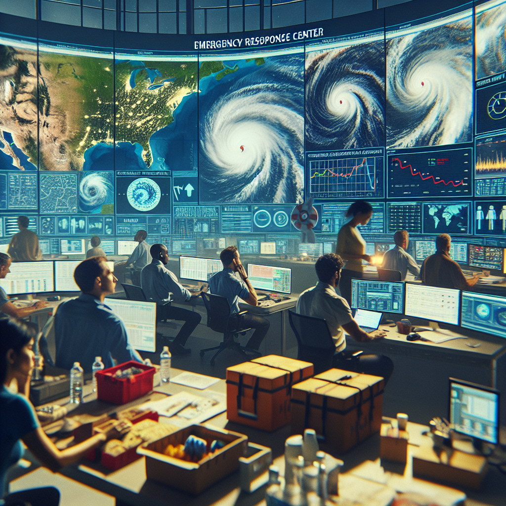 Visualize an intense scene that captures the preparation for an imminent hurricane. Imagine a scene inside an emergency response center, with screens showing real-time weather data, including the storm's trajectory. Multiple professionals of diverse descents and genders are present, busily coordinating efforts: a Caucasian male meteorologist is studying the weather pattern, an Asian female technician is monitoring the communication systems, and a Middle-Eastern male dispatcher is directing emergency response units. There's an atmosphere of urgency, yet maintained order. In the foreground, a pile of emergency supplies such as food, water, and medical kits can be seen, symbolic of FEMA's readiness.