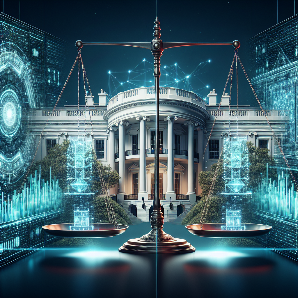 Depict a conceptual scene of artificial intelligence regulation. A grand, traditional-style building symbolizing the White House prominently stands on the right side of the image, exuding a compelling sense of authority and governance. On the left side of the image, illustrate a futuristic artificial intelligence system, signified by a complex array of holographic codes and data streams, representing the dazzling, intricate aspects of AI technology. In the middle, visualize a set of scaled, balanced weights, symbolic of policy analysis and regulatory balance, delicately handling the dynamics between the traditional governance and advanced AI technology.