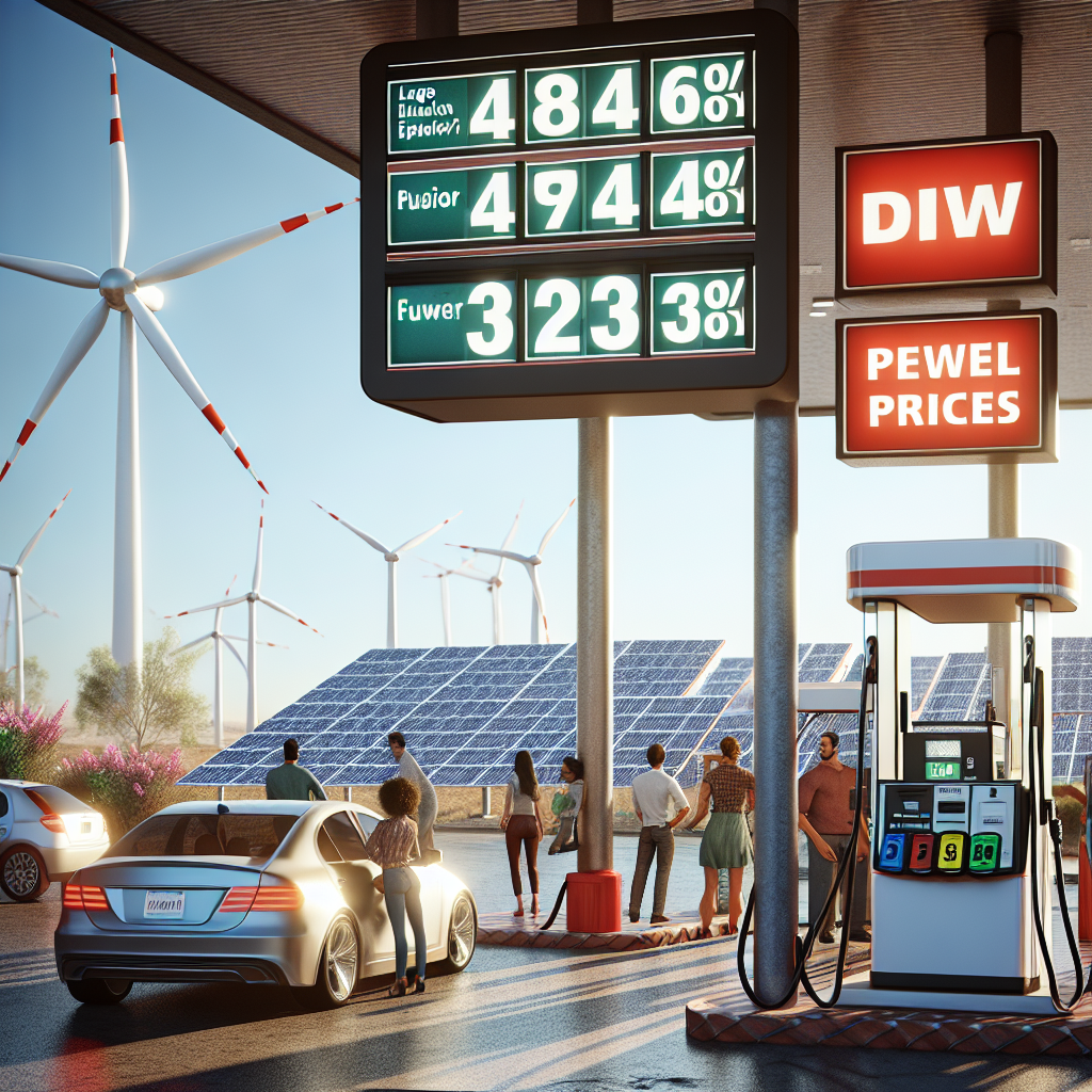 Visualize an American fuel station with traditional gas pumps where prices are significantly reduced. The large electronic display shows impressively low fuel prices. In the background, a colossal wind turbine and brilliant solar panels can be seen, symbolizing the shift toward renewable energy. Multicultural customers are around, some are fueling their cars, while others are in awe watching the dropping prices. There's a sense of amazement and relief in the air as this seemingly implausible situation unfolds.