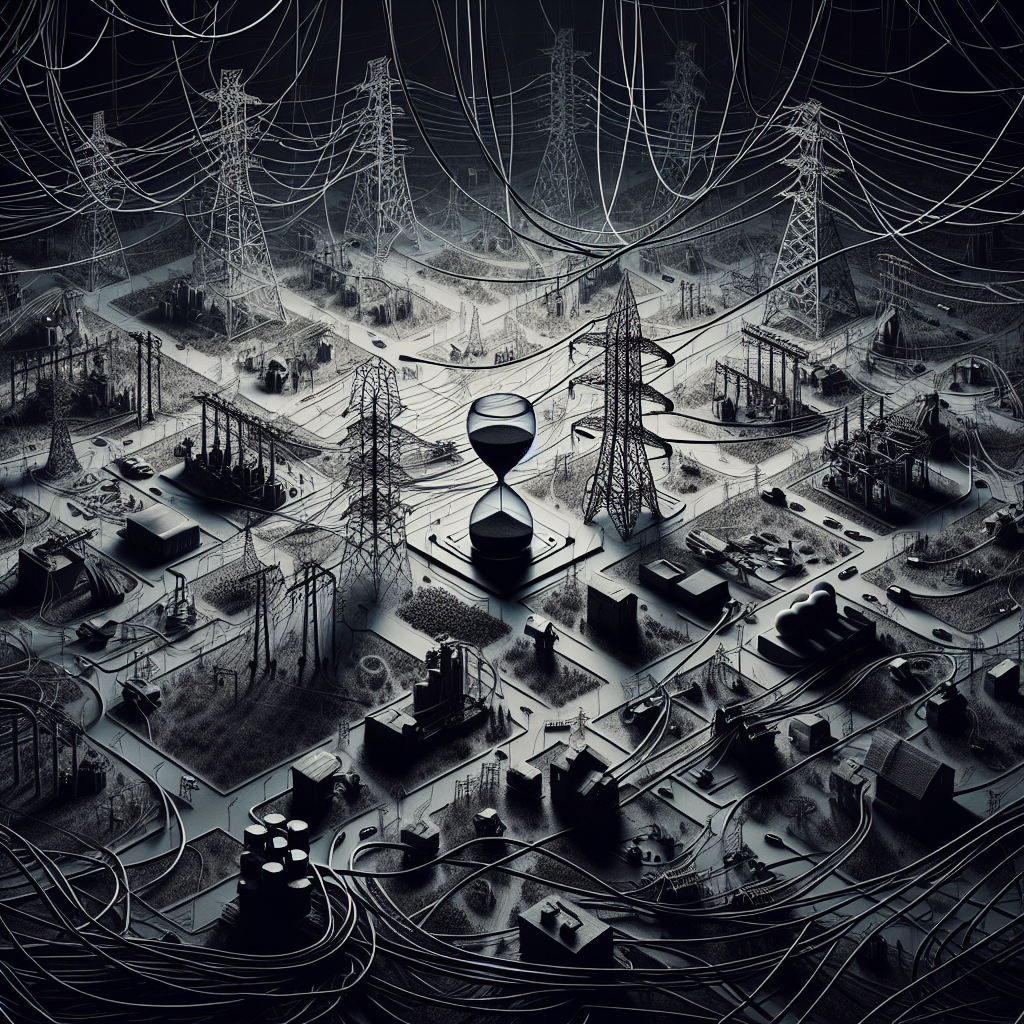Visualize an intricate maze of wires and cables representing a national power grid network with numerous electric pylons and power stations. The dominant colors are black and grey to make it appear gloomy, underlining the significant risks of failure. Intersperse the scene with small rural and urban areas plunged into darkness, depicting a nationwide blackout. Place an hourglass in the corner of the image, symbolizing the urgency of awareness and necessitating prompt actions. Bear in mind that everything must exude a sense of vulnerability and the need for strategic planning and preventative measures.