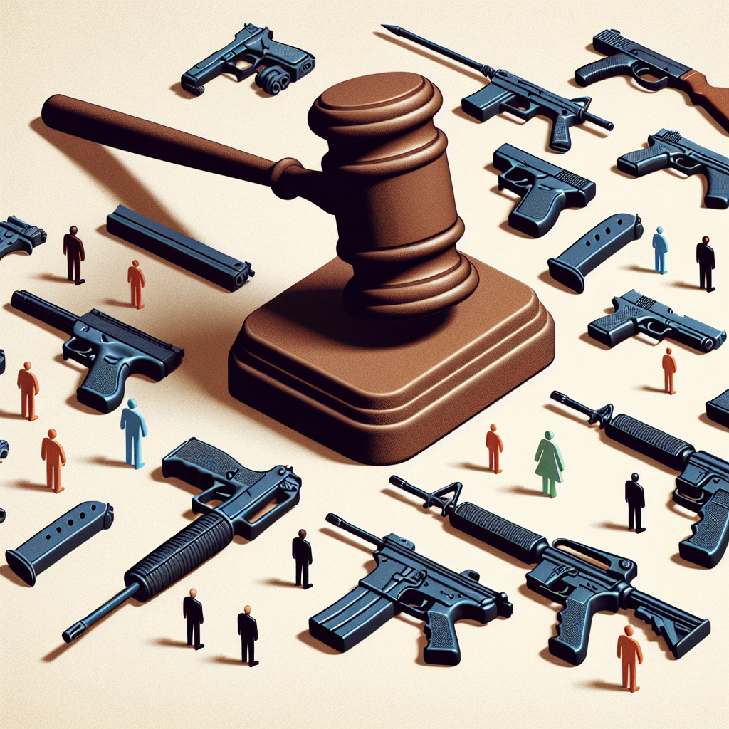 Illustrate the concept of control and authority in the context of firearms and legislation. Show a large symbolic gavel, representing law and legislation, hovering over a grid of diverse stylized handguns, rifles, and other firearms. Show the gavel casting a shadow or light beam symbolizing control, mitigation, or pacification. To denote diversity in society, include a variety of miniature human figures of different genders and descents, scattered between the firearms, looking up towards the gavel. Overarchingly, the image should advocate for peace and order, not violence.