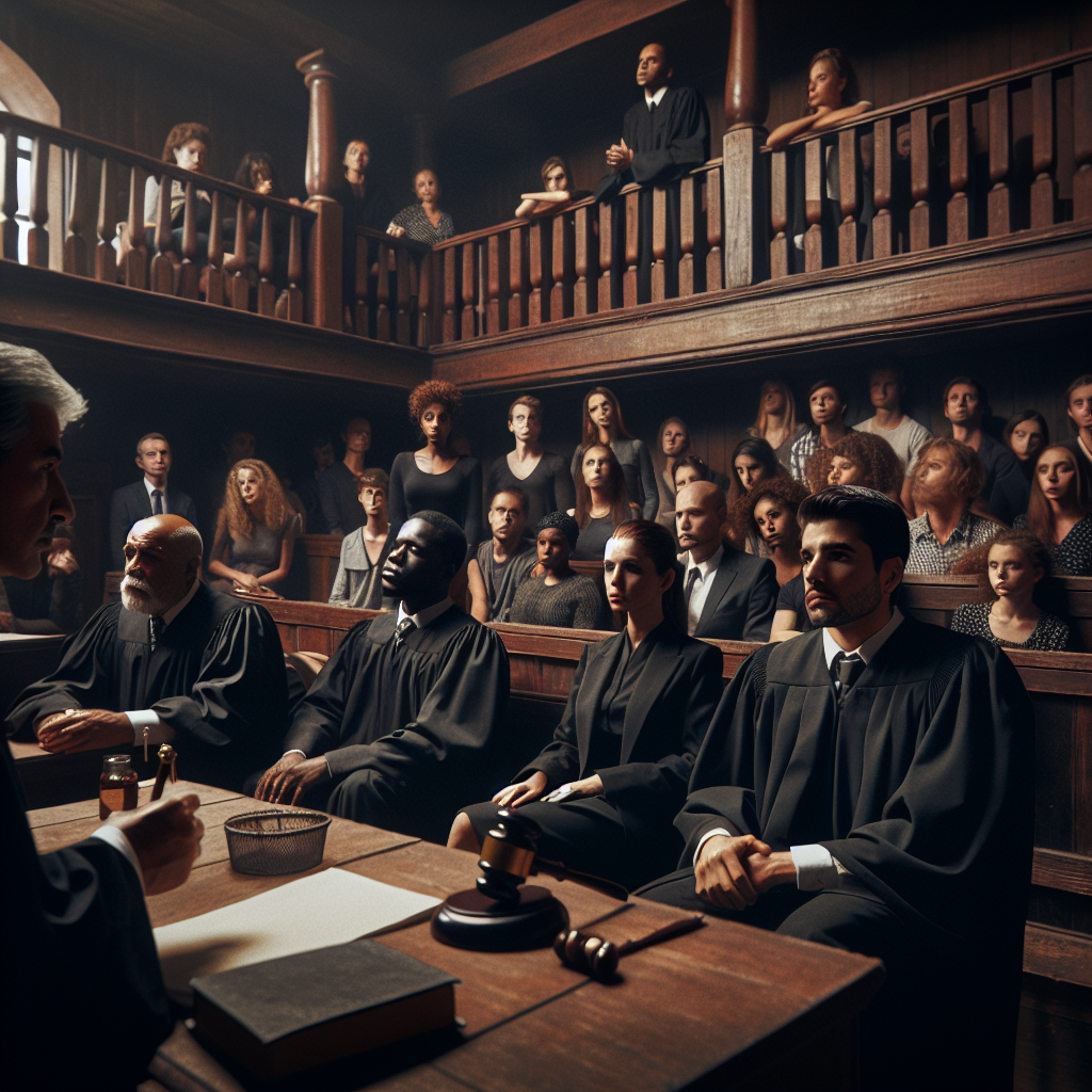 Visualize an intense scene inside a traditional, wooden courtroom. The tension and anticipation fill the air as everyone awaits the verdict from a high-stakes criminal trial. The middle-aged, Hispanic male judge in his black robe sits at a high bench, holding a gavel. A black female lawyer, wearing a professional suit, stands by her client, a young Caucasian man looking anxious. Spectators of different descents and genders, fill the room, perched on wooden benches. The room is dimly lit, casting dramatic shadows on the faces of the room's occupants.
