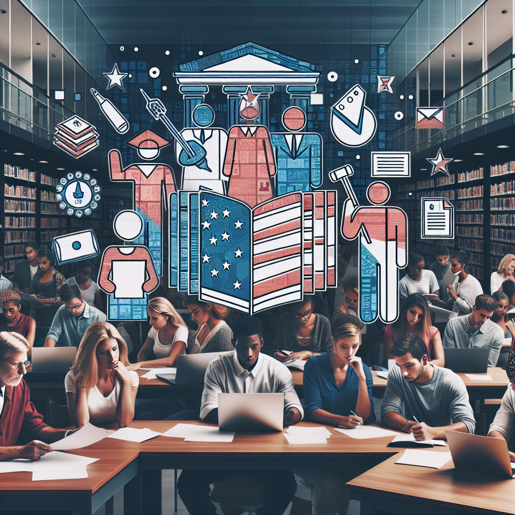 A detailed image showcasing the process of learning about the new changes in voting laws. In the foreground, a diverse group of American citizens of various genders and descents, including Hispanic, Black, Middle Eastern, and White, are seen reading papers, using laptops, and discussing among each other. The background should be a library or a similar public place encouraging educational discovery. Overlay this with symbolic representations of the democratic process, possibly including stylized icons of ballots, gavels, and the United States map. Ensure a tone of focus, yet optimism.