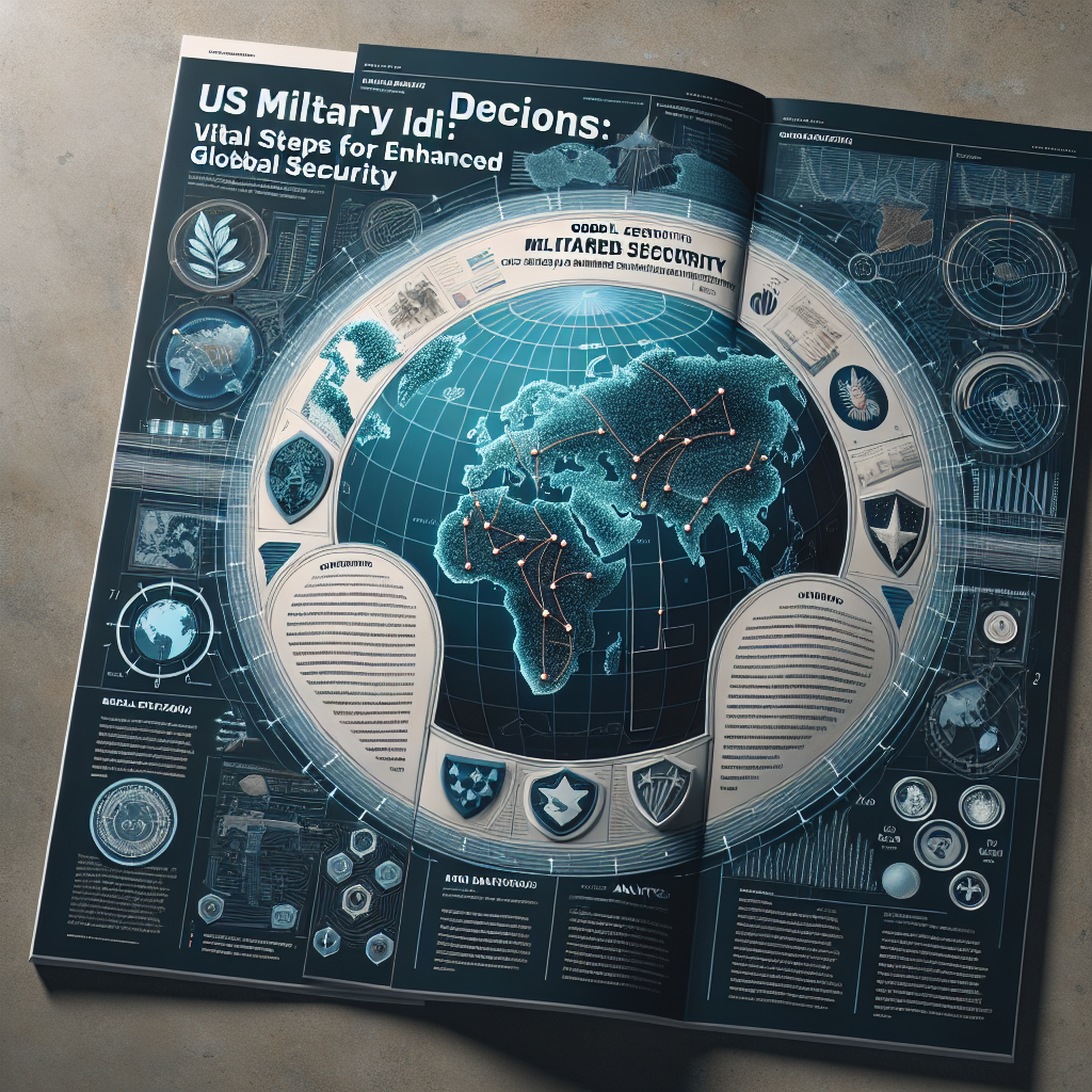Visually depict an article cover for a piece on the subject of US Military Aid. The cover should show an international map with route pathways indicating the global outreach of military aid. Add symbolic elements to represent global security such as shields or olive branches. Integrate imagery that reflects decision-making scenarios, such as charts, diagrams, or a round table signifying discussion. The title 'US Military Aid Decisions: Vital Steps for Enhanced Global Security' should be prominently displayed. No human characters are needed. Emphasize the concept of globalization, security, analysis, and cooperation.