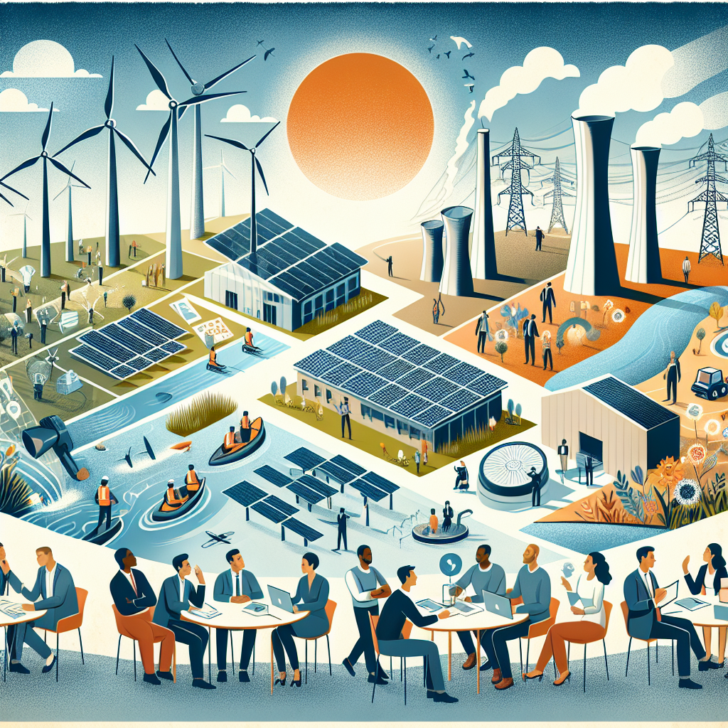 An illustrative image showcasing various forms of clean energy. On the left, there is a windmill farm under a clear sky, depicting wind energy. At the center, a solar farm under a bright sun, representing solar energy. To the right, there is a hydroelectric dam with a river flowing, representing water energy. At the top, a diverse group of men and women of various descents such as Black, Caucasian, Middle-Eastern, and South Asian, shown as industry professionals discussing over papers. The papers have visible headings including 'Climate Change Legislation', 'Clean Energy Investments', and 'Transforming the Future'