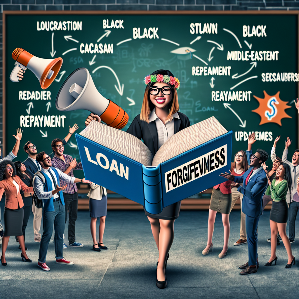 A representation of a lively educational environment showing a diverse group of students from different descents like Caucasian, Hispanic, Black, Middle-Eastern, South Asian, and East Asian. The Bespectacled Asian female student is highlighting the term 'Loan Forgiveness' in a giant textbook titled 'Student Loans'. Next to her, a Hispanic male student holding a megaphone cheering about 'Repayment Updates'. On the chalkboard behind, there's a flowchart showing the path from 'Loan' to 'Forgiveness'. This image should be enveloped in a hope-filled atmosphere, showing optimism, alleviation of financial stress and breakthroughs in students' future.