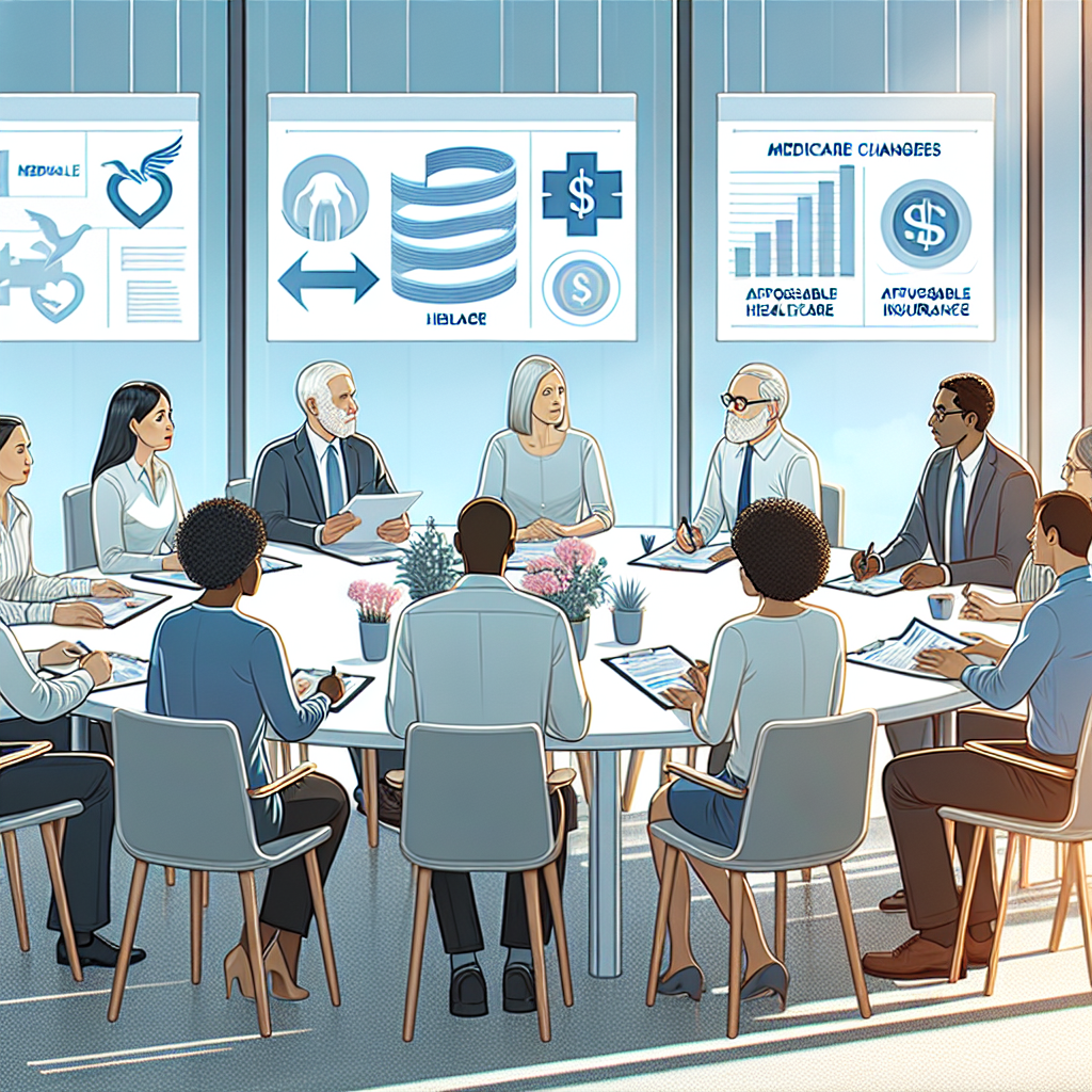 Illustration of a group of individuals from diverse descents such as Caucasian, Hispanic, Black, Middle-Eastern, and South Asian, engaged in a discussion about healthcare at a round table. Visible documents on the table include diagrams of Medicare changes and Affordable Healthcare Insurance reforms. The backdrop is an office setting, with a bright outlook due to large windows allowing sunlight to flood in. The image communicates a sense of calm, meaningful progress with the hope of accessible healthcare for all.