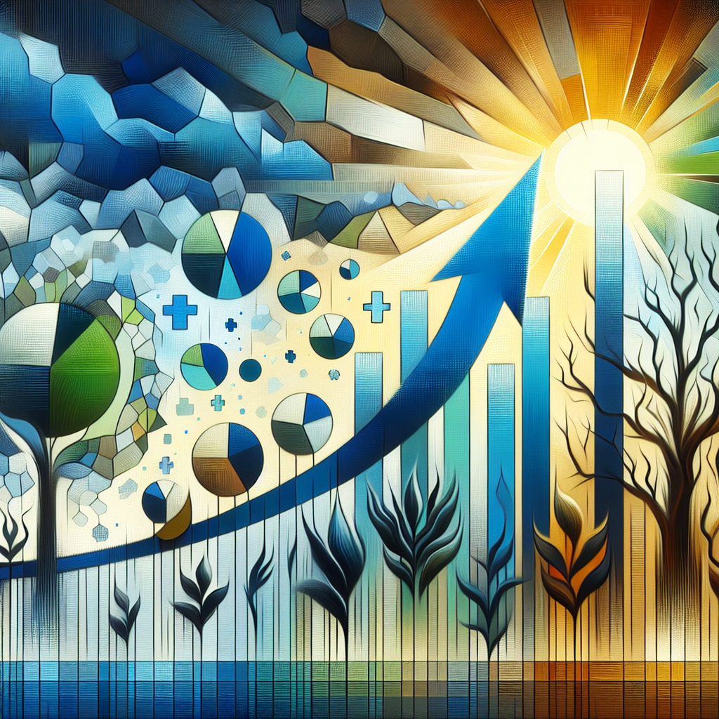 Depict an abstract art representation of a concept involving health milestones and tragic ends. The representation could use symbolic elements such as a graph of the progress for an upward trend to signify health improvements, and for the tragic ends, use symbols like wilting plants or a setting sun. The image should give a sense of vitality, struggle, and the inevitable end, invoking emotions associated with life's ups and downs. Please use neutral colours like blue and green for the health progress and darker tones for the tragic ends.