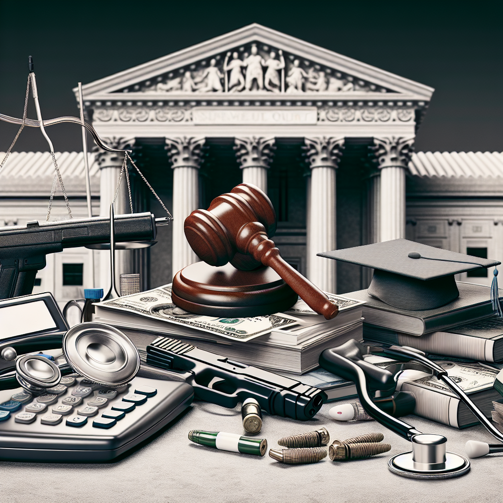 Render an image that encapsulates the major elements of the article focusing on three main topics which are abortion, gun laws, and student loans. For abortion, you can depict medical instruments like a stethoscope and an ultrasound machine. For gun laws, present the symbol of a gavel, scales of justice to represent law and order, along with a firearm. For student loans, illustrate a pile of textbooks and a graduation cap next to a stack of dollar bills. Set these elements together with the backdrop of an imposing government building, which could symbolize the Supreme Court.