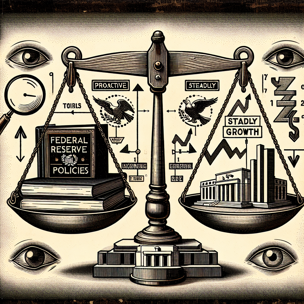 An image of a symbolic representation of the Federal Reserve interest rate decisions. A balanced scale sits in the centre, showing 'Proactive Strategies' and 'Steady Growth' as balanced sides. On one side, there's a thick book titled 'Federal Reserve Policies' and a hovering magnifying glass scanning over it. On the other side, there's a rising chart depicting economic growth. Surrounding the scale are symbols of time, closely watching eyes suggesting scrutiny, and arrows going up and down, indicating interest rate fluctuations. The style adopted is vintage, reminiscent of old newspaper cartoons.