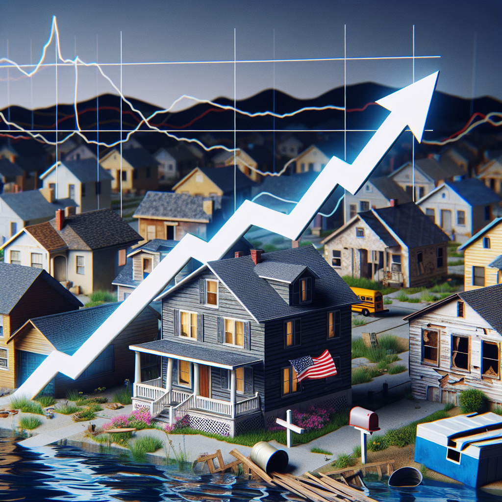 Visual representation of a surge in mortgage rates, linked to a crisis in the US housing market. Imagine a metaphorical scene where a graph with a sharp upward curve represents the mortgage rates. This is depicted against a backdrop of suburban American houses, which are shown in declining conditions to represent the housing crisis - some houses even appear sinking or abandoned. To signify the American context, include some familiar symbols such as a mailbox or a yellow school bus in the distant background.