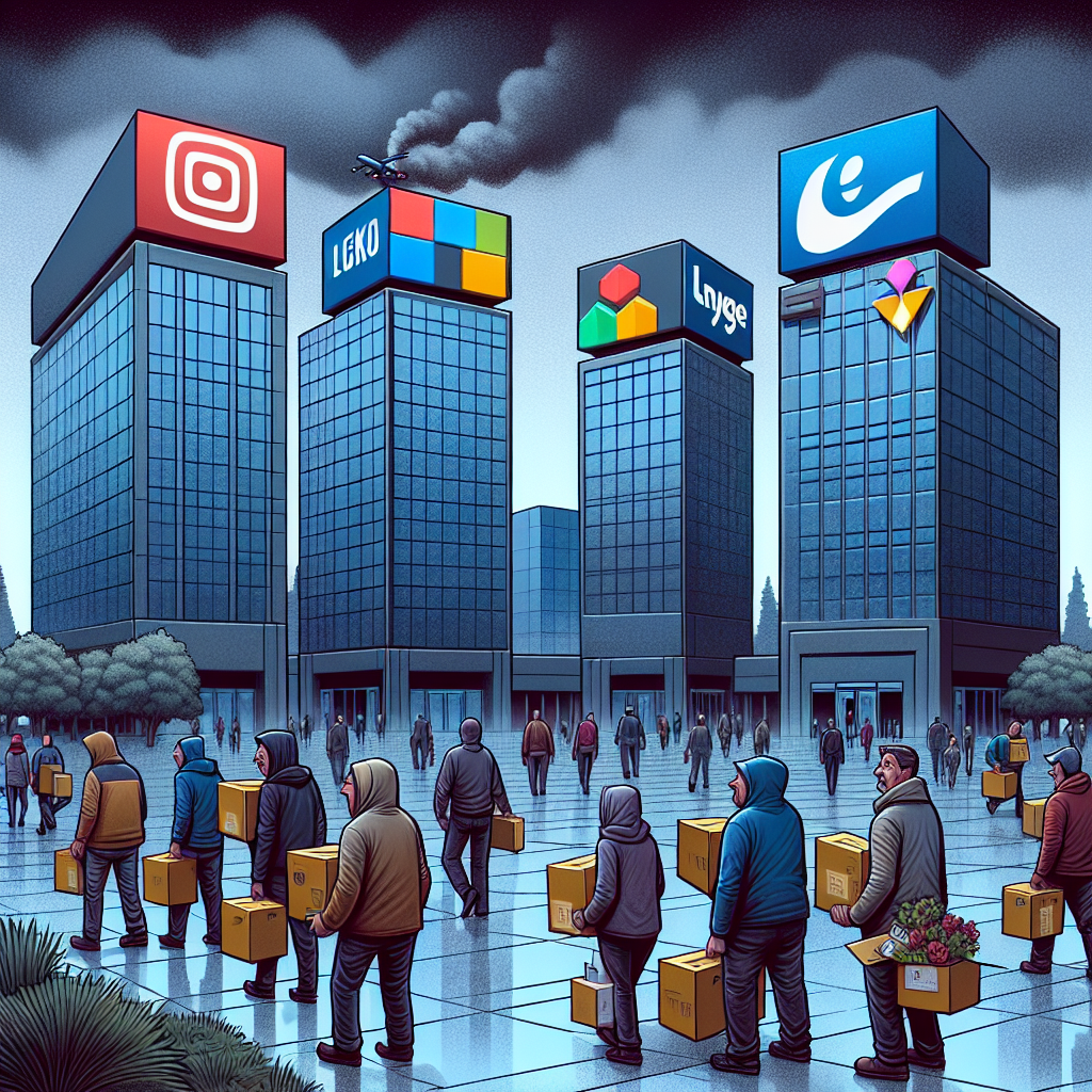 An illustrative depiction of unknown technology companies representing the tech industry, showing a scene of unexpected layoffs. The companies are represented by four large modern buildings with logos that are similar to, but legally distinct from, popular tech companies. Around the buildings, employees are seen leaving with boxes, looking surprised and forlorn. A gloomy weather surrounds the scene adding to the scale of the crisis. Remember, none of the characters or the companies are recognizable as real-world figures or corporations.