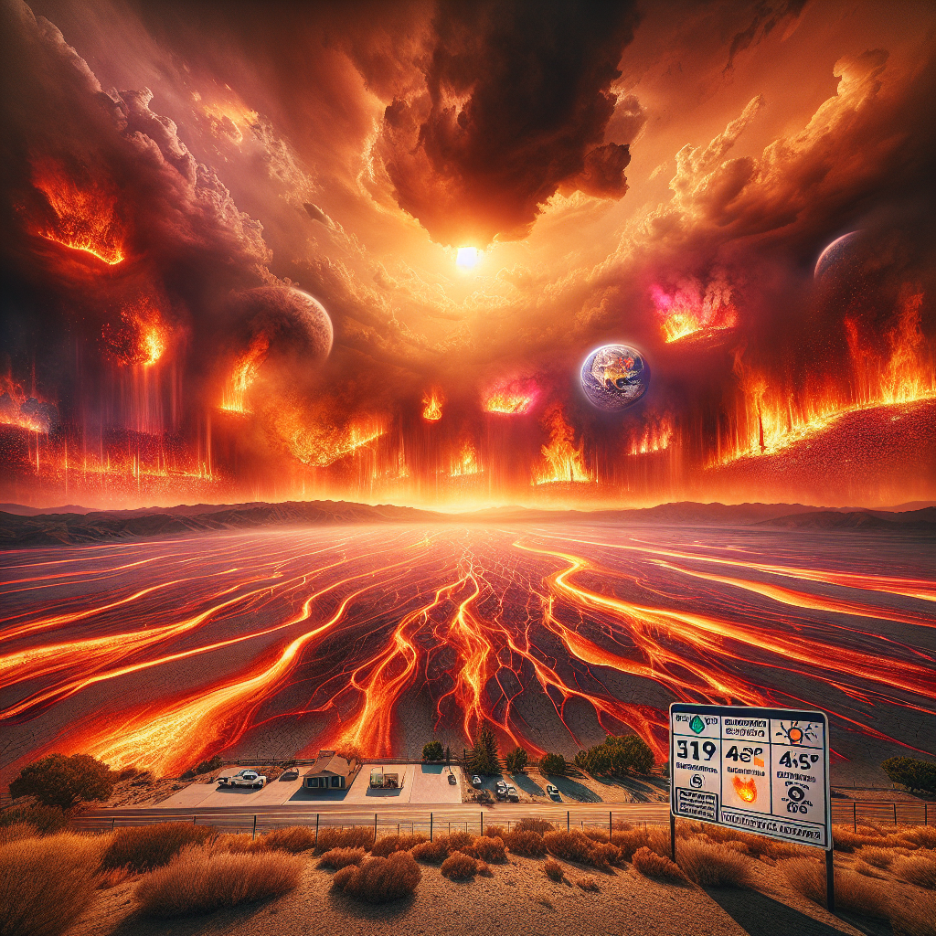 An expansive and dramatic scene showing a large US landscape under extreme summer heat. The sky is blazing with the fiery orange and red hues of sunset, casting a soothing glow on the parched earth. Intense heatwaves are visible radiating from the ground, distorting the view of the distant horizon. In different sections, wildfires are spreading, leaving trails of smoke billowing upwards. A sign is posted in the foreground indicating high fire danger. Show the disruptive impact through abandoned homes and deserted roads. Add an inset showing a weather forecast screen with warnings for high temperatures and wildfire alerts, reflecting the nationwide effect.