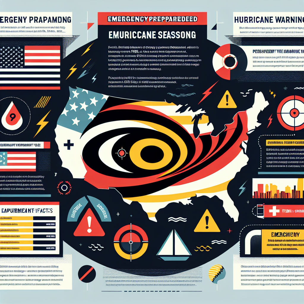 An informative graphic illustrating the important updates by FEMA (Federal Emergency Management Agency) pertaining to emergency preparedness during the hurricane season. Depict facts, bulleted lists, and infographics with the primary colors of emblematic hurricane warning flags - red, black, and yellow. Show an outline of the United States map with symbols indicating areas commonly affected by hurricanes. Implement a modern, clean design approach, ensuring all information is clear and easy to understand.