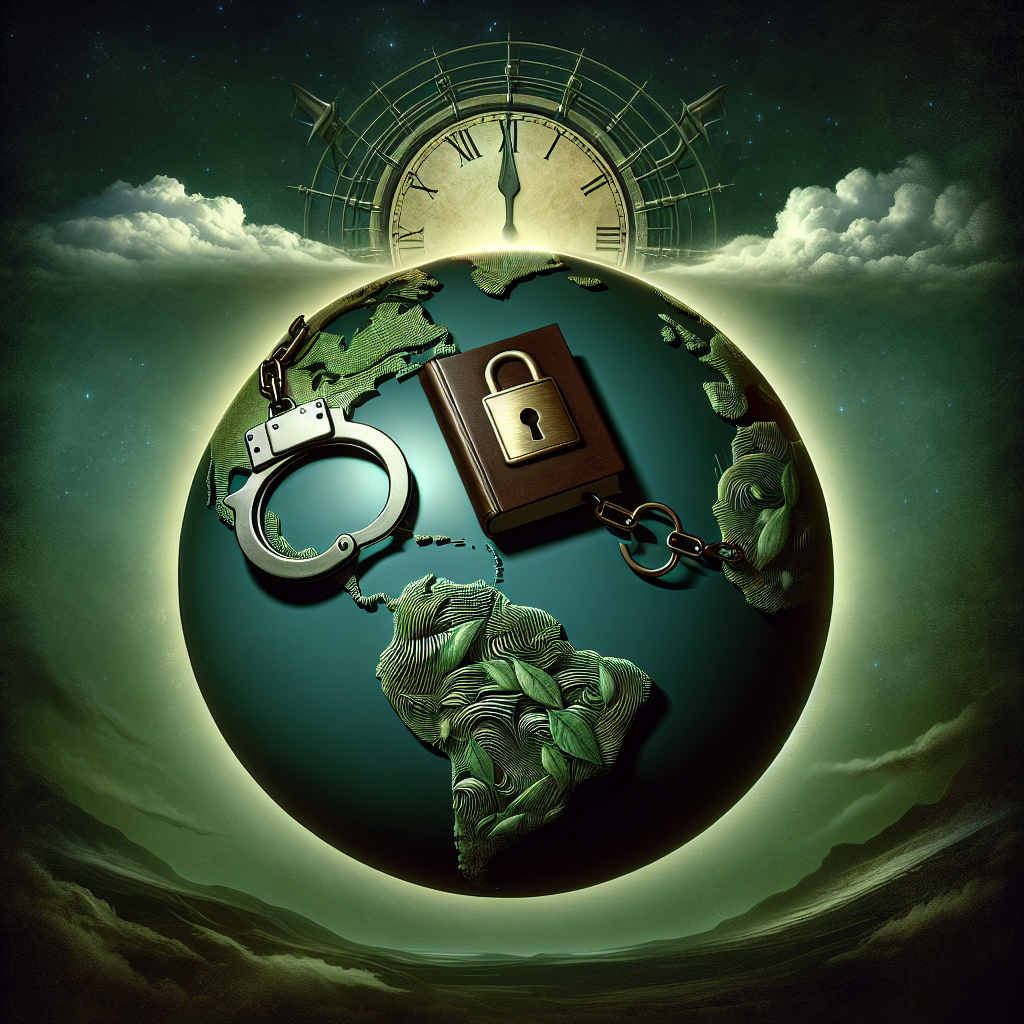A deep green globe with lines tracing the various land continents delicately etched on. Overlaid on the top is a metallic symbol of handcuffs, modified into the shape of a padlock to hint at potential security measures enhanced. Floating beside it, is a symbolic representation of the policy, perhaps leather-bound documents with a golden seal, opened in mid-air. In the sky above, a clock made of cloud formations, signifying the idea of 'change' is imminent. The overall ambiance should project a sobering gravity and seriousness, capturing the essence of the described text's intent.