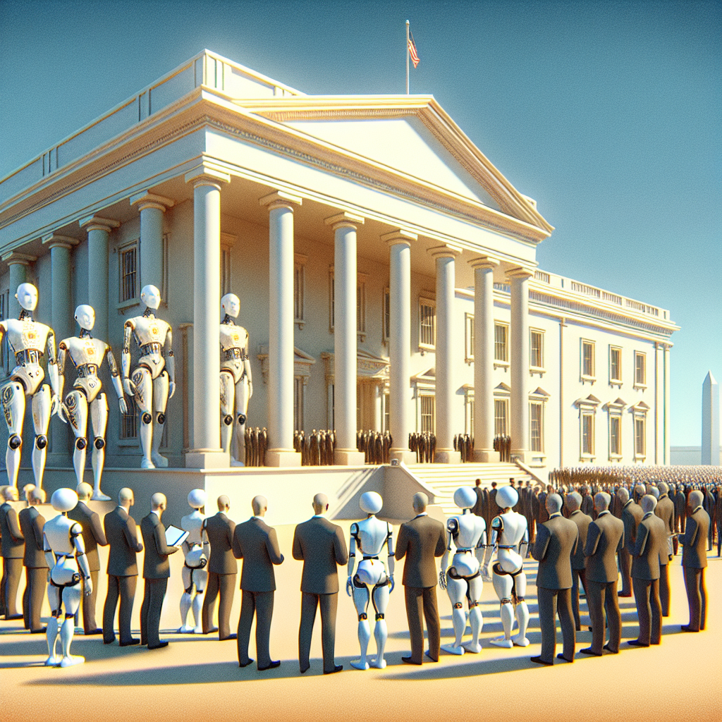 Visualize a symbolic representation demonstrating the theme of artificial intelligence regulation. Picture a large, architecturally impressive edifice, meant to represent the White House, set against a clear, midday sky. In the foreground, a few humanoid robots of different builds and designs are standing on one side, appearing thoughtful and awaiting instructions. On the other side, a group of official-looking individuals, of varying descents and genders, stand with documents in their hands, representing the policy updates. The atmosphere should reflect a combination of tension and anticipation.