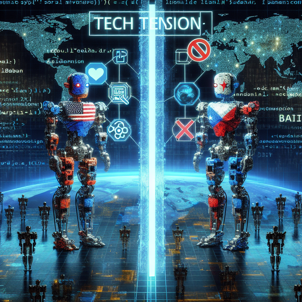 An image representing the concept of technology tensions between two countries, symbolized as two robots each decorated with symbols synonymous with technology innovation, standing head-to-head. In the middle, a thick, transparent divider marked 'BAN' splitting them apart. The surroundings are marked by digital chaos, data streams, code fragments, and qualitatively high-tech holograms floating around. The background is a world map hinting at the global impact of the situation. At the top, there is an imposing caption in bold letters, 'Tech Tension: The Great Division'.