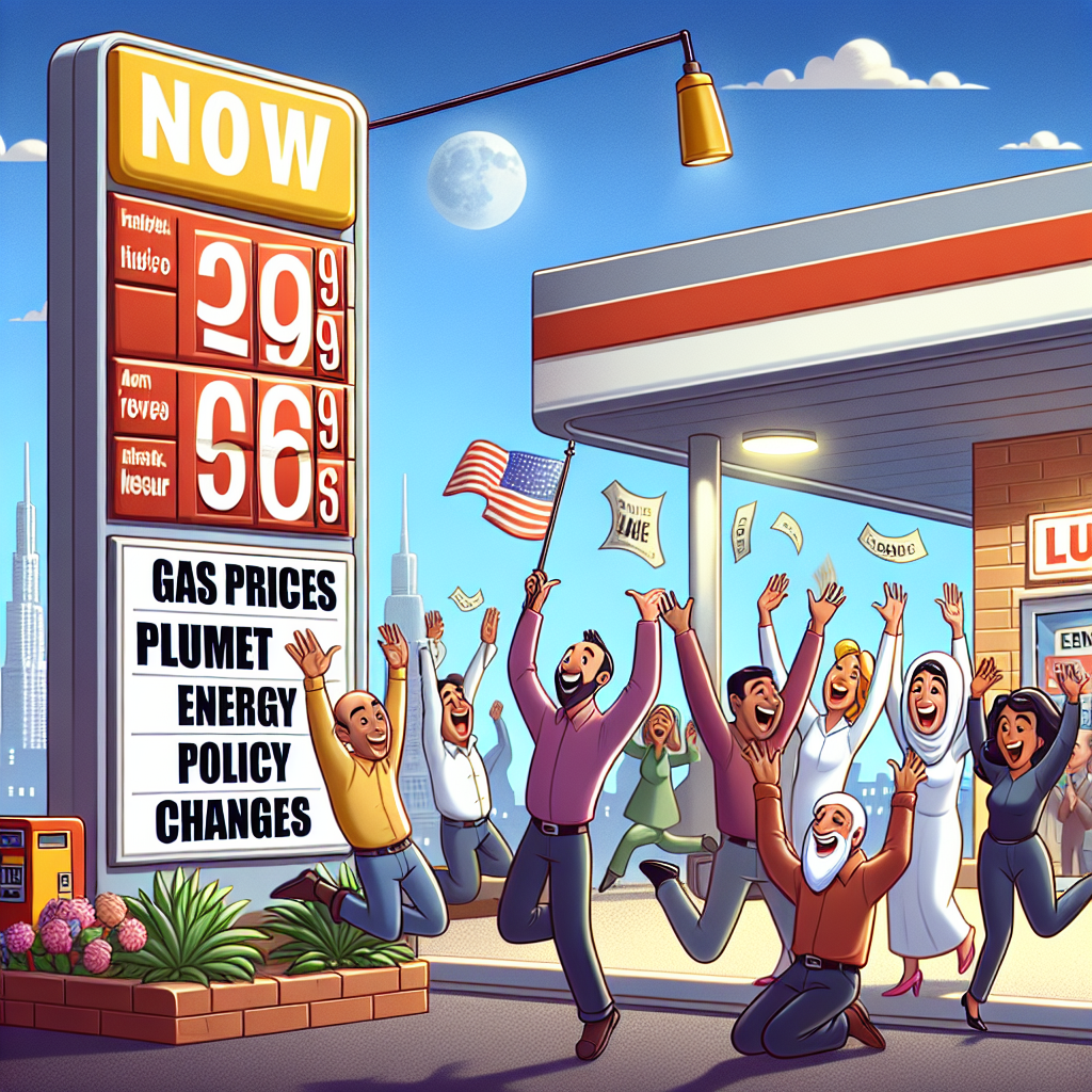 A scene depicting a gas station with the price board displaying unexpectedly low prices. Around the station, animated citizens of various descents including Hispanic, Middle-Eastern, and Caucasian celebrate the good news. In the background, a newspaper stand highlights the triumphant headline: 'Gas Prices Plummet Due to Exciting Energy Policy Changes'. The sky is clear, indicating a bright day, a metaphor for the positive changes. The complete frame encompasses a positive vibe, raised hands, cheering people and an overall atmosphere of relief and joy.