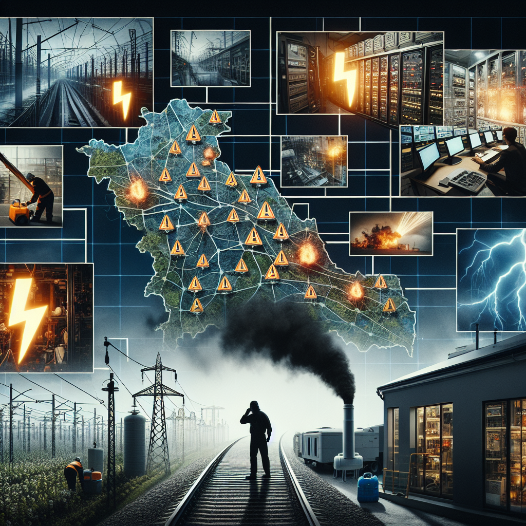Visual representation of the risk of a nationwide blackout due to grid failure. Features a map of a country showing its electrical grid with flashes indicating points of failure. On one side, pictures illustrating precautions to avoid the failure like maintenance crews working on power lines, installation of modern equipment in power plants, and an individual using a home power generator. The atmosphere should be serious and alarming to emphasize the gravity of the situation, using dark and muted tones for the blackout part, and brighter, more hopeful colors for the precautions part.