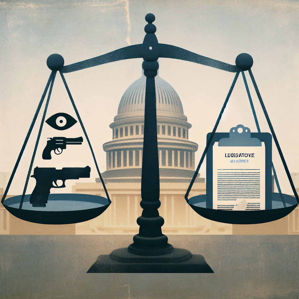 An image of a balanced scale with different symbols. On one side of the scale, show the symbol of gun (firearm), and then on the opposing scale, depict the symbol of a legal document possibly implying legislative measures (without real text). In the background, depict a semi-transparent Capitol building, symbolising government. Suggest benevolence and peace through soft dull color schemes, emphasizing the notion of safety that the article hints at.