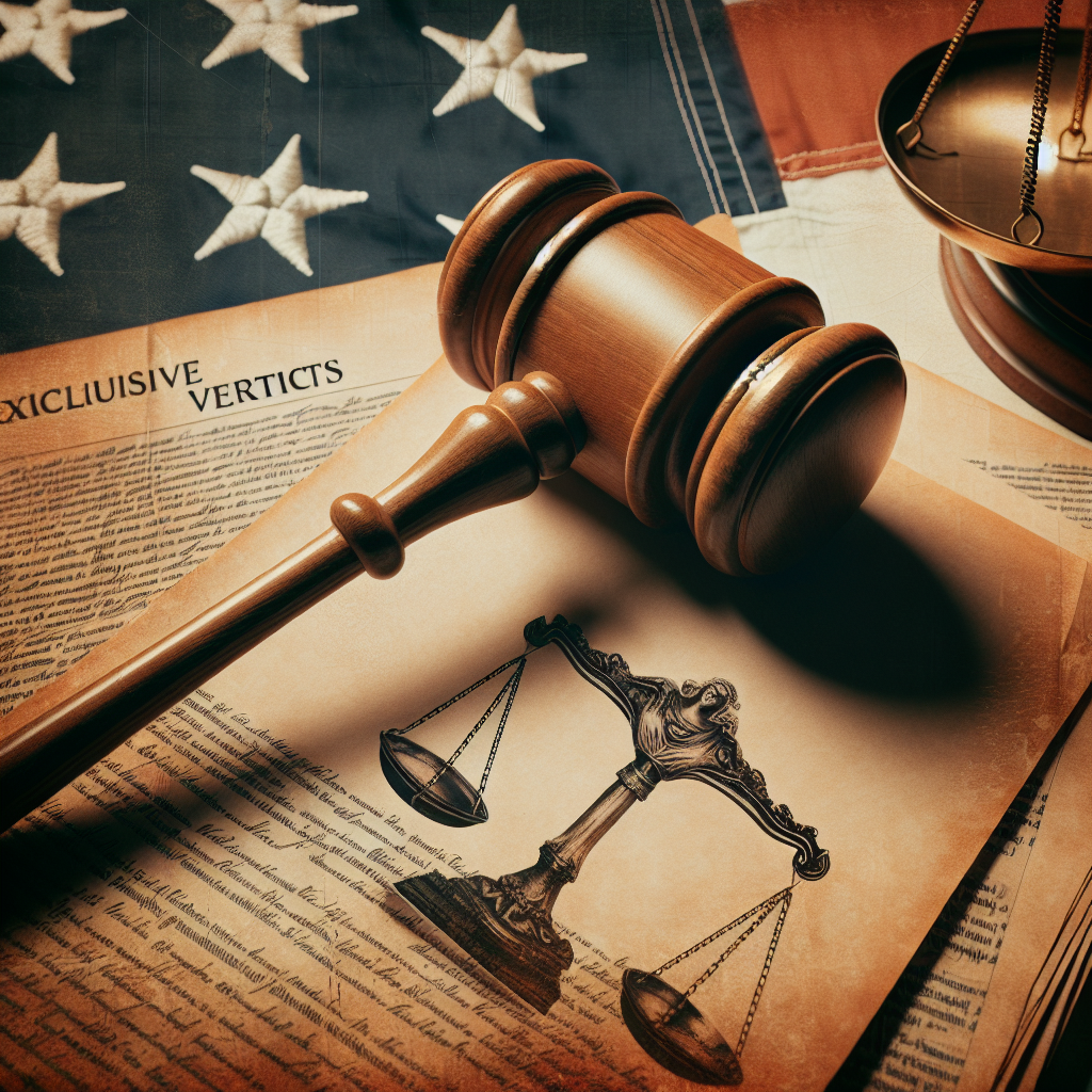 Depict a symbolic image representing justice in the context of high-profile criminal trials. Visualize an old wooden judge's gavel striking down on a stack of legal documents with the title 'Exclusive Verdicts' on the top file. Surround this image with inscriptions of scales, the insignia associated with law and justice. The background is a close-up of the American flag, softly blurred to focus on the foreground. Please avoid any specific depiction of people or names. Keep the image neutral and objective, illustrating the gravity and formality of the legal system.