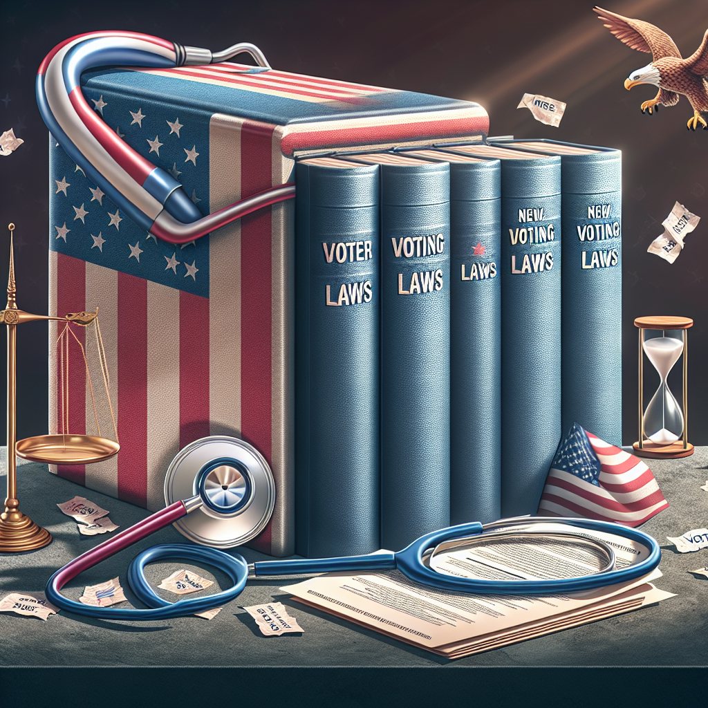 An illustrative representation of amendments made in voting laws following a US election. The scene should depict an American ballot box symbolizing the electoral process, with thick books labeled 'New Voting Laws' standing next to it. A stethoscope is draped over the books, indicating medical approval for voter identification. Integrated within the scene are the symbols of democracy, such as an eagle flying overhead. Subtly incorporate iconography symbolic of changes, such as an hourglass indicating extended voting hours, and a magnifying glass over a ballot paper signifying increased vigilance.