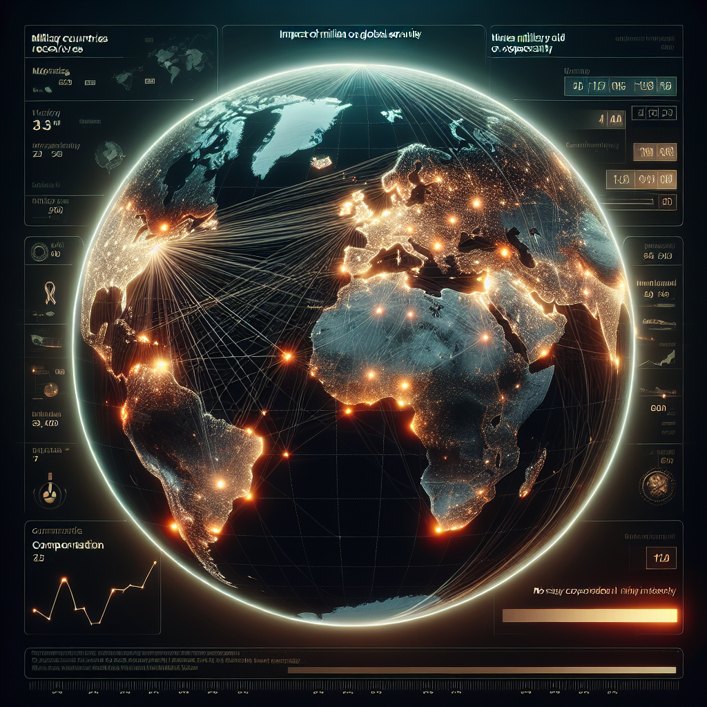 An image of a global map highlighting various countries with different intensity lights. The higher the light intensity, the higher the military aid received from a specific country (which is not shown). Interconnected lines crisscrossing the globe, representing communication and cooperation in securing global peace. There's a scale for light intensity on one side of the map indicating the level of aid. Near the top, a title reads 'Impact of Military Aid on Global Security'. No real countries are shown in the image to avoid political implications.
