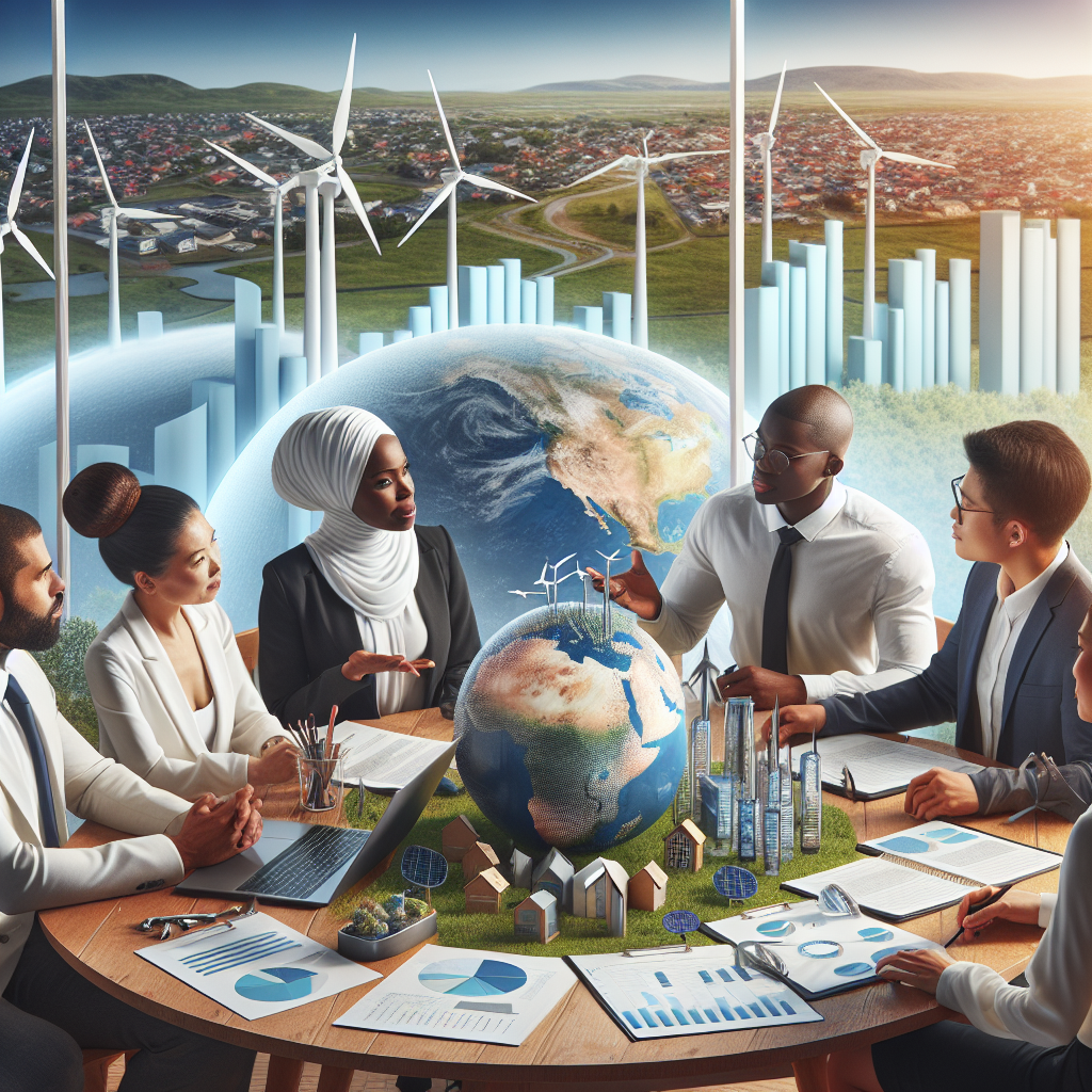 Visual representation of clean energy investments as a strategy for climate change legislation. Include an image of diverse professionals in a discussion about clean energy. They sit around a table laden with documents, a laptop displaying bar graphs of investment returns, and miniature models of wind turbines and solar panels. The Black female legislator is leading the conversation, the Hispanic male economist is offering input and the Asian female environmental scientist is holding a globe. In the background, show an eco-friendly city powered by wind turbines and solar panels under a clear blue sky.