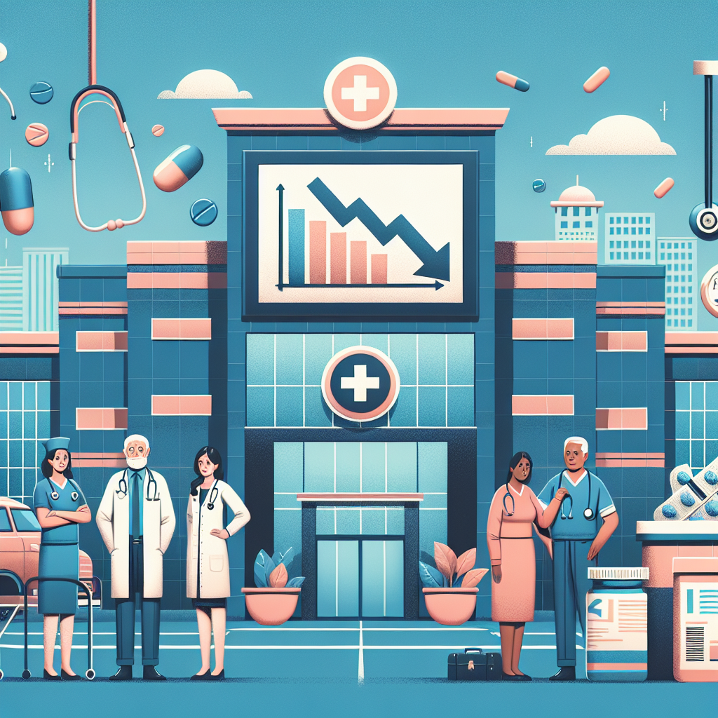 Create an engaging image illustrating the concept of healthcare affordability and changes in Medicare. Picture a hospital with the foreground showcasing a diverse group of healthcare workers- a Caucasian male doctor, an Asian female nurse, a Black male surgeon, and a Hispanic female pharmacist. On one side, add an older couple, the man being South Asian and the woman being Middle-Eastern, looking at a large billboard displaying a downwards-pointing graph, symbolizing decreasing costs. Incorporate symbols of health like a stethoscope, medication bottles, and medical reports around the image. The color scheme should be calming, implying a hopeful future for Medicare changes.