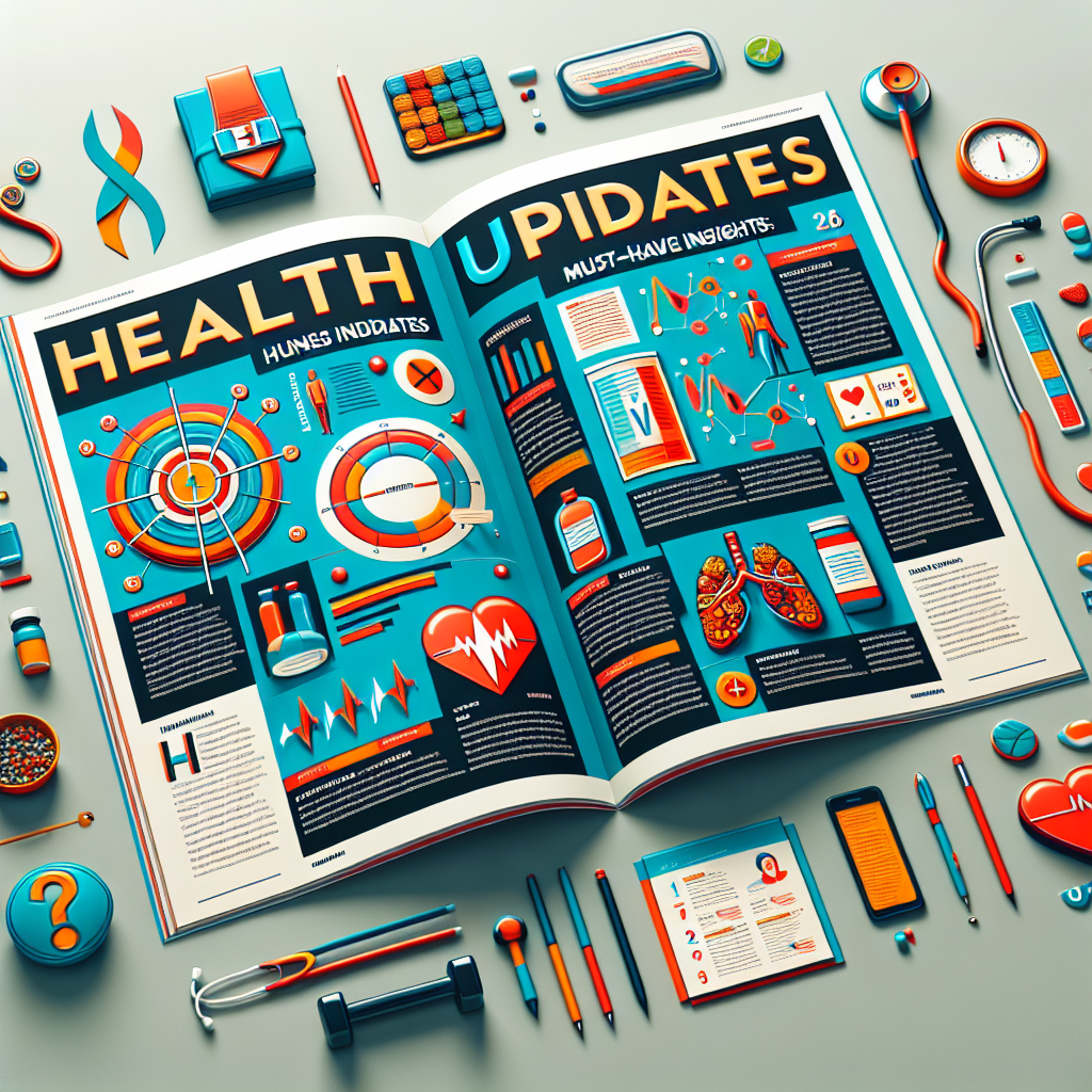 A visual representation of a generic article layout focusing on health updates. The image shows pages of a glossy magazine, open to a section titled 'Health Updates: Must-Have Insights'. The layout includes vibrant headers, interesting subheadings, and appealing body text, expertly arranged in columns. Graphical elements like charts depicting generic health scores, pictures of exercise equipment, and nutrition food items are interspersed throughout the page. Iconic symbols like a stethoscope, heart, and running shoe could feature subtly in the design, implying the health theme. Please avoid any references to specific individuals.