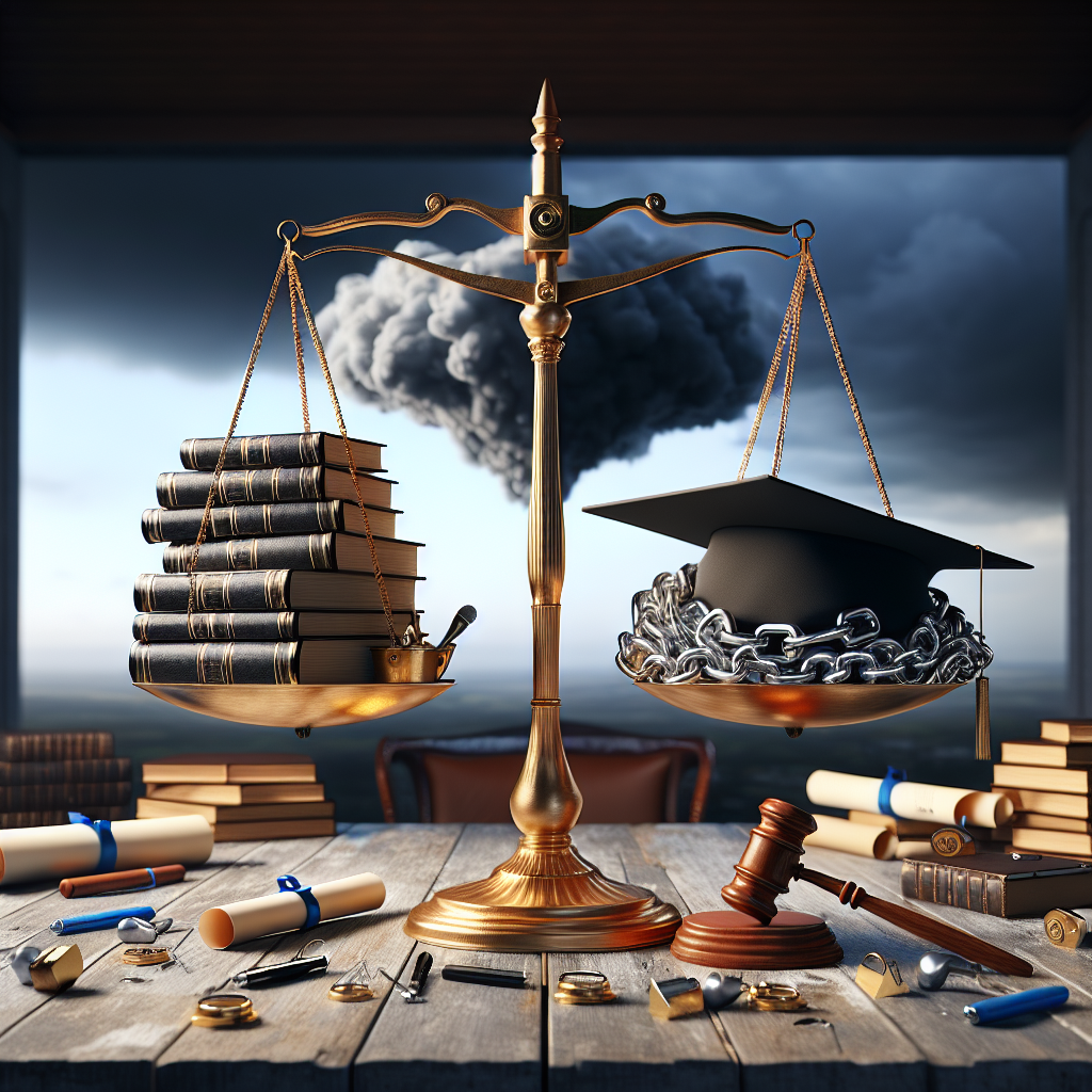 A 3D render of a pair of golden scales imbalanced, representing justice. On the heavier side, hardbound legal books symbolizing 'Supreme Court Rulings'. On the the lighter side, a graduation cap and a scroll of diploma, symbolizing 'students', are overshadowed by a giant silver chain and padlock, representing 'student loans'. In the backdrop, a storm brewing in the once clear sky, suggestive of the 'unprecedented impact'. The scene is set on a vintage wooden table in a sleek, well-lit modern office setting.