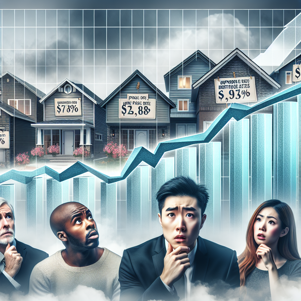 A clear visualization encompassing the concept of 'US Housing Market Crisis: Unstoppable Rise in Mortgage Rates.' Depict a row of residential houses with price tags escalating progressively from left to right. Above them, a graph chart with an upward arrow indicating the rise in mortgage rates. The graph should be superimposed against a cloudy sky to denote a sense of impending crisis. To represent diversity, include a Caucasian man, an Asian woman, and a Middle-Eastern child in the foreground, looking worried and discussing the situation.
