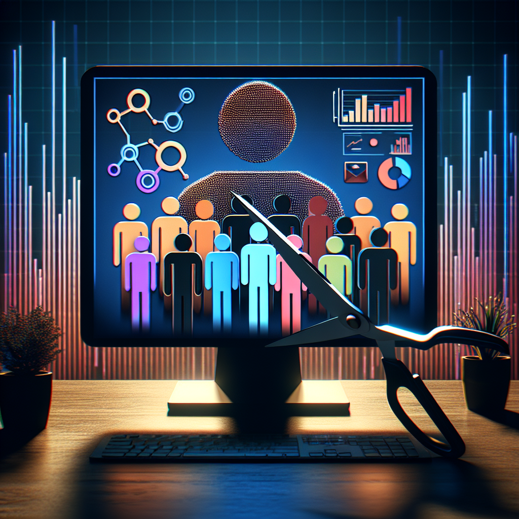 An abstract representation of tech layoffs showcasing a symbolic icon of a diverse workforce featuring individuals from South Asian, Black, Middle-Eastern, Hispanic, White and East Asian descent, being separated from stylised logos that suggest the tech industry without being exact representations. Surround these with a gloomy ambiance to convey the impact. Include the visual metaphor of scissors to imply job cuts. Integrate bar graphs showing decline in numbers, and a digital calendar flipped to the current year to depict the timeline. Display this scene inside a computer screen to reinforce the tech context.